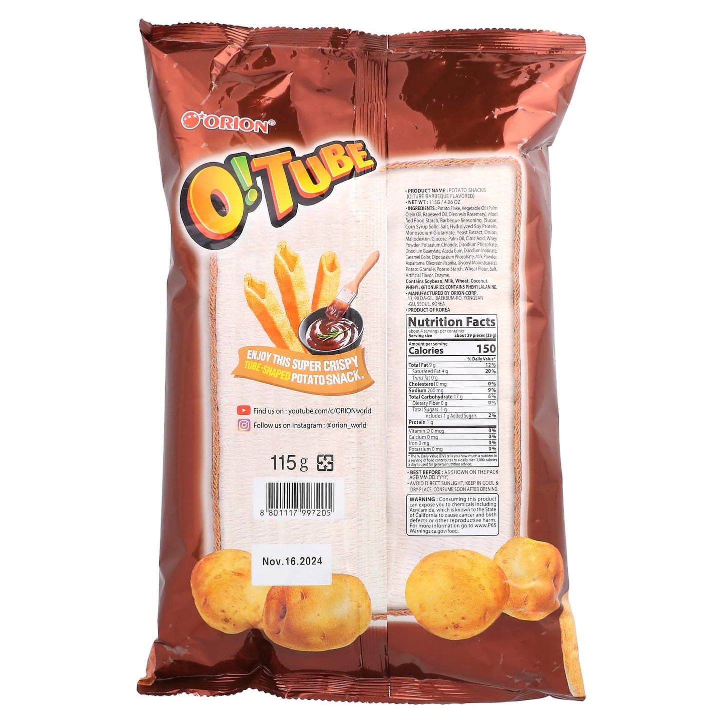 Orion, O! Tube, Potato Snacks, Barbeque, 4.06 oz (115 g) - Image 2