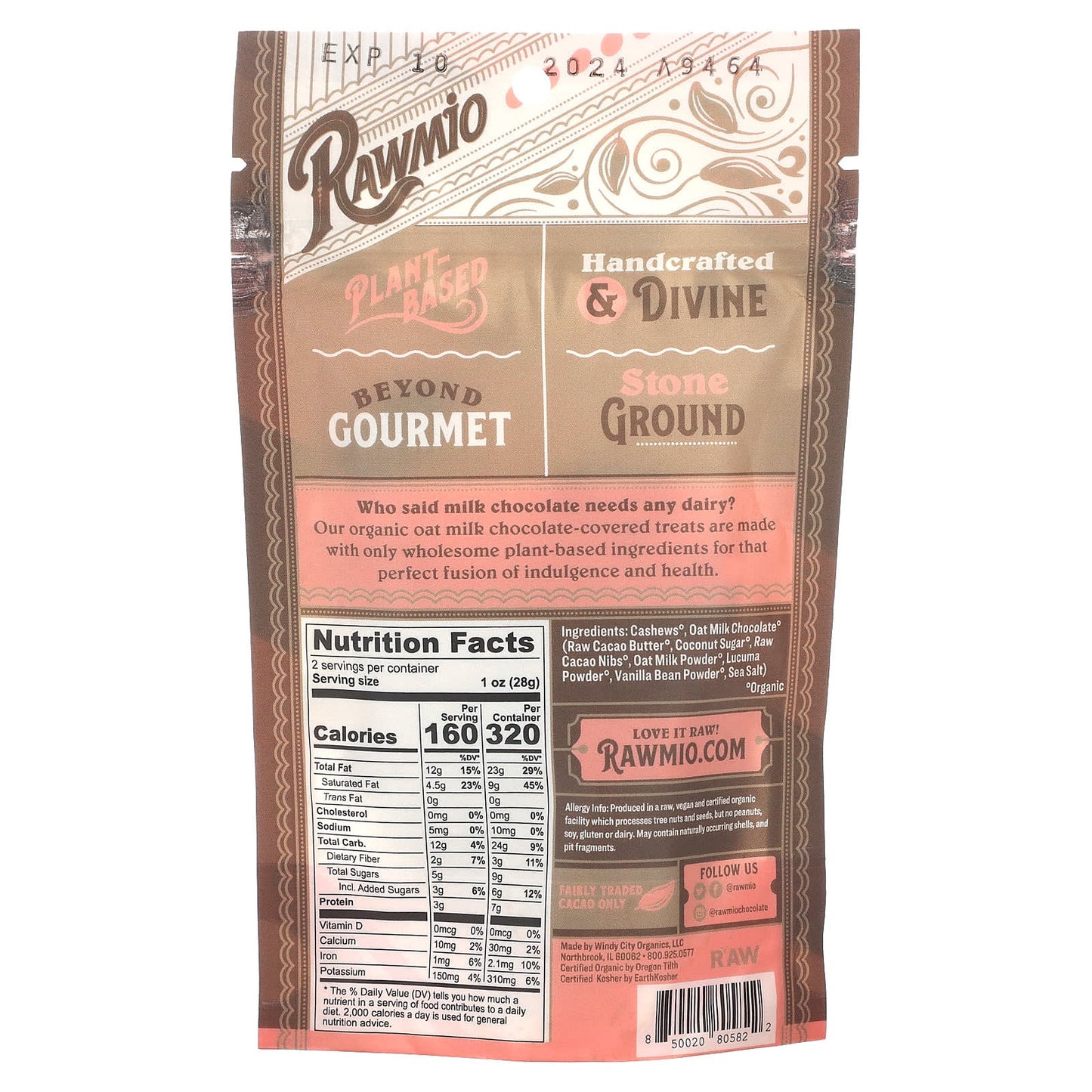 Rawmio, Oat Milk Chocolate Covered Cashews, 2 oz (56.7 g) - Image 2