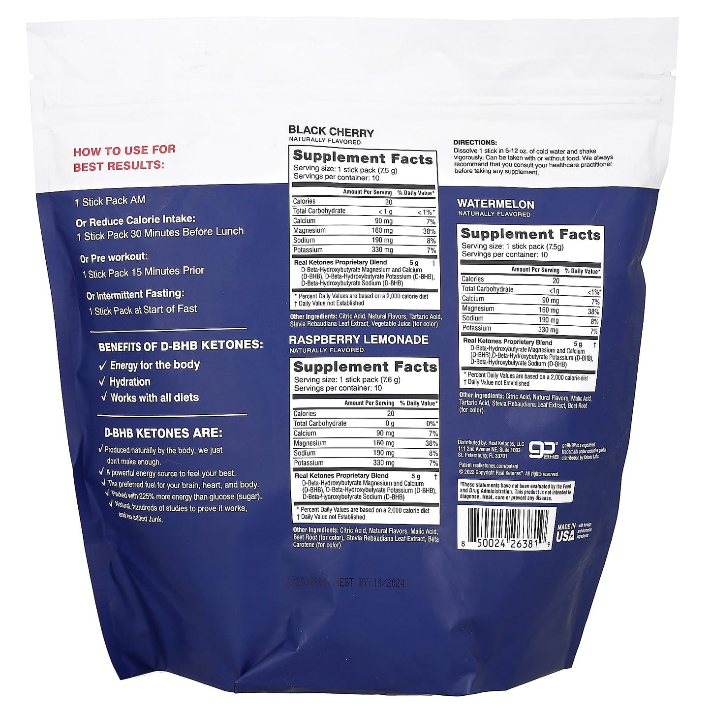 Real Ketones, Shift, Variety Pack, Watermelon, Black Cherry, Raspberry Lemonade, 30 Packets - Image 2