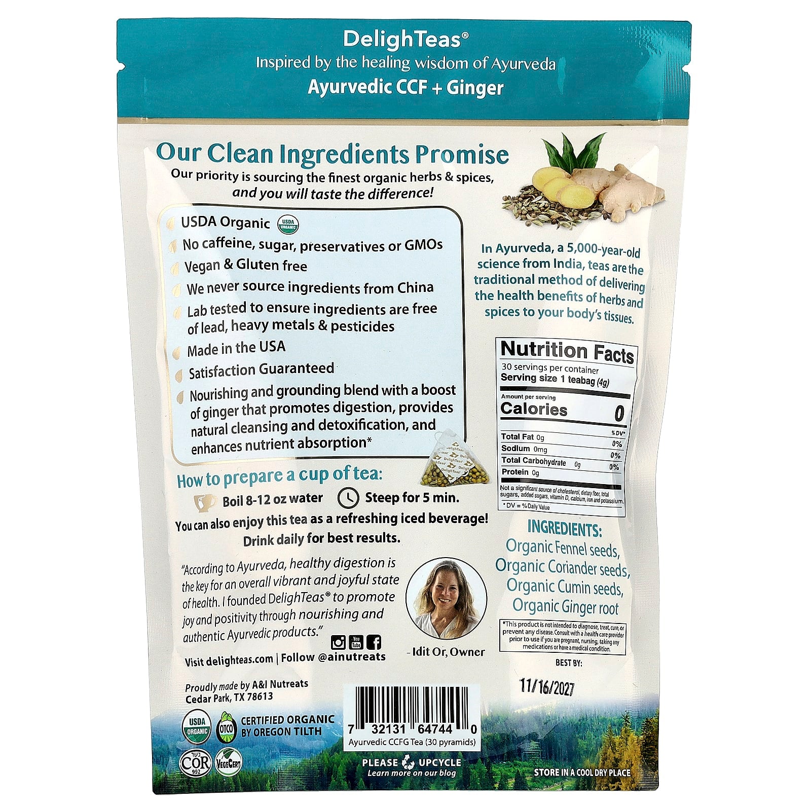 DelighTeas, Ayurvedic Cumin Coriander Fennel With Ginger, Herbal Detox Tea, Caffeine Free, 30 Luxury Pyramid Bags, 4.2 oz (120 g)