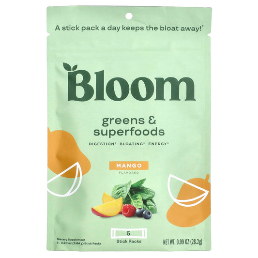 Bloom Greens & Superfoods Mango, 5 Stick Packs, Boost Energy & Digestion - Image 1