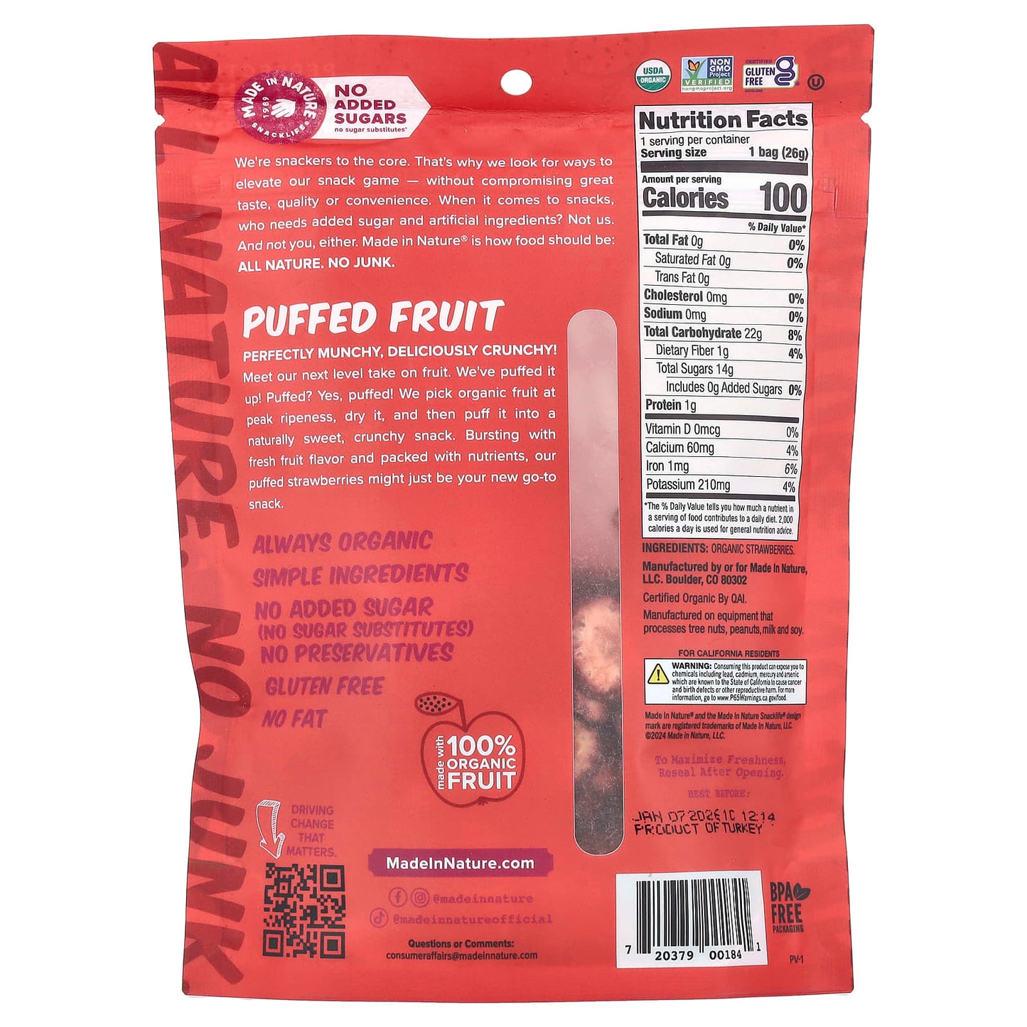 Made in Nature, Puffed Fruit, Strawberry, 0.9  oz (25.5 g) - Image 2