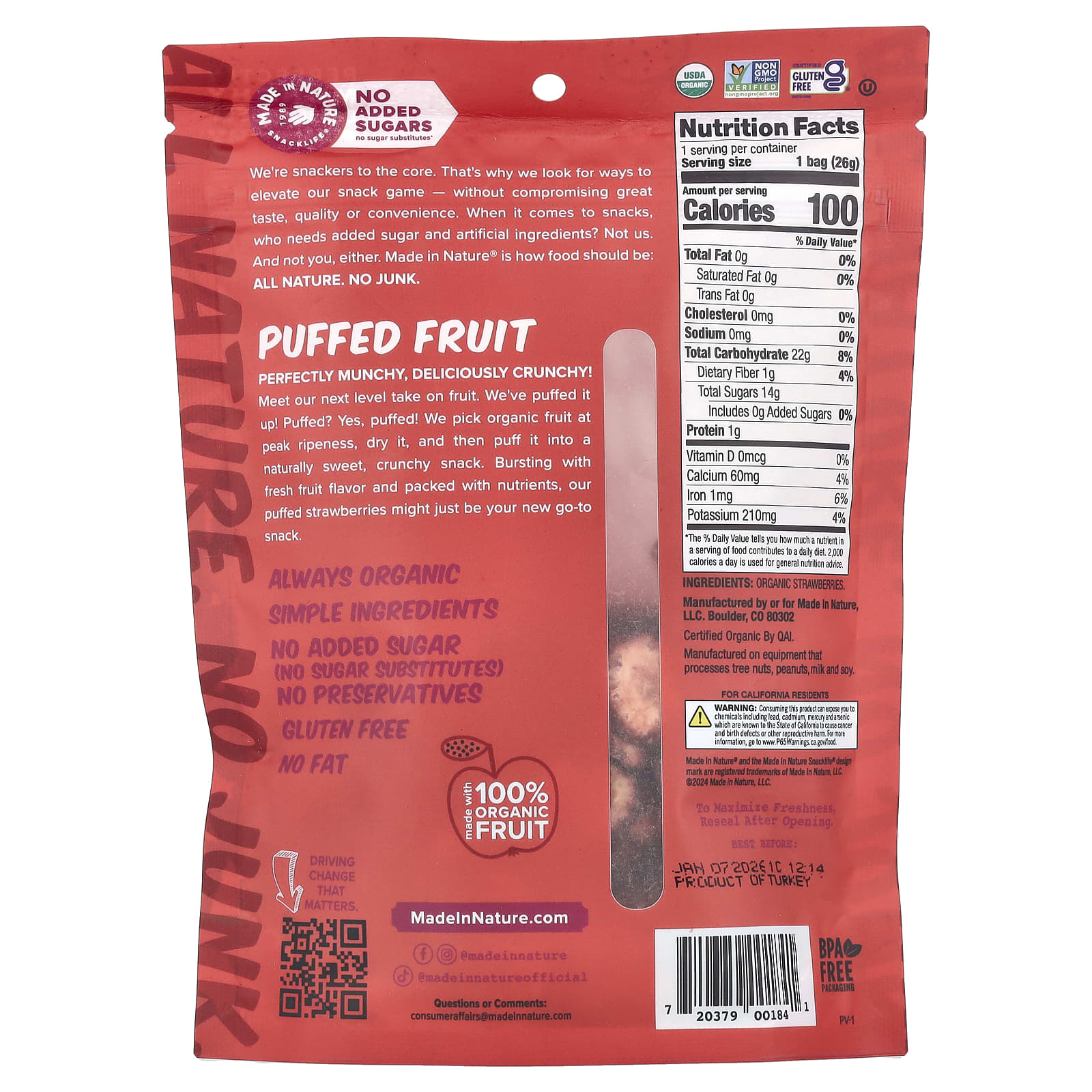 Made in Nature, Puffed Fruit, Strawberry, 0.9  oz (25.5 g) - Image 2