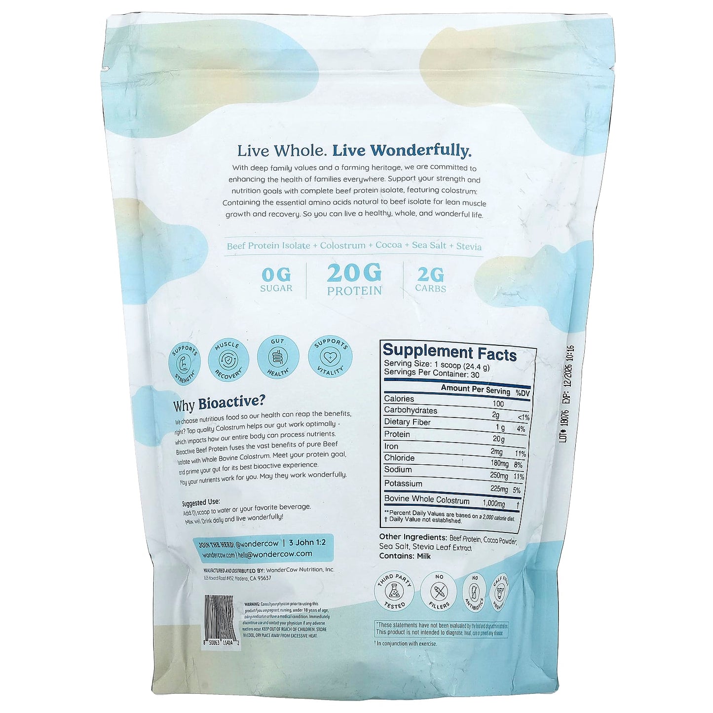 Wondercow, Bioactive Beef Protein, Creamy Chocolate, 1.62 lbs (734 g) - Image 2