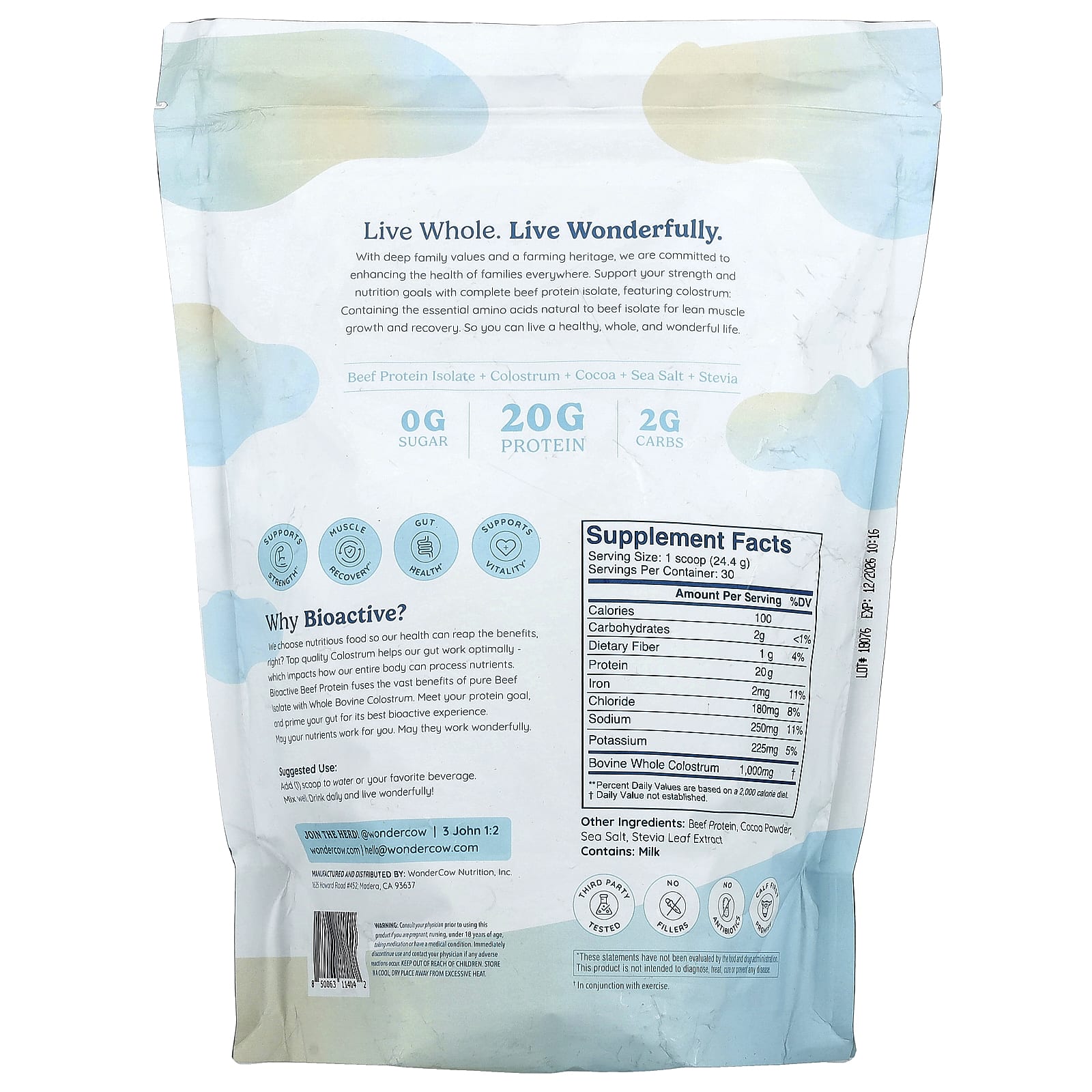 Wondercow, Bioactive Beef Protein, Creamy Chocolate, 1.62 lbs (734 g) - Image 2