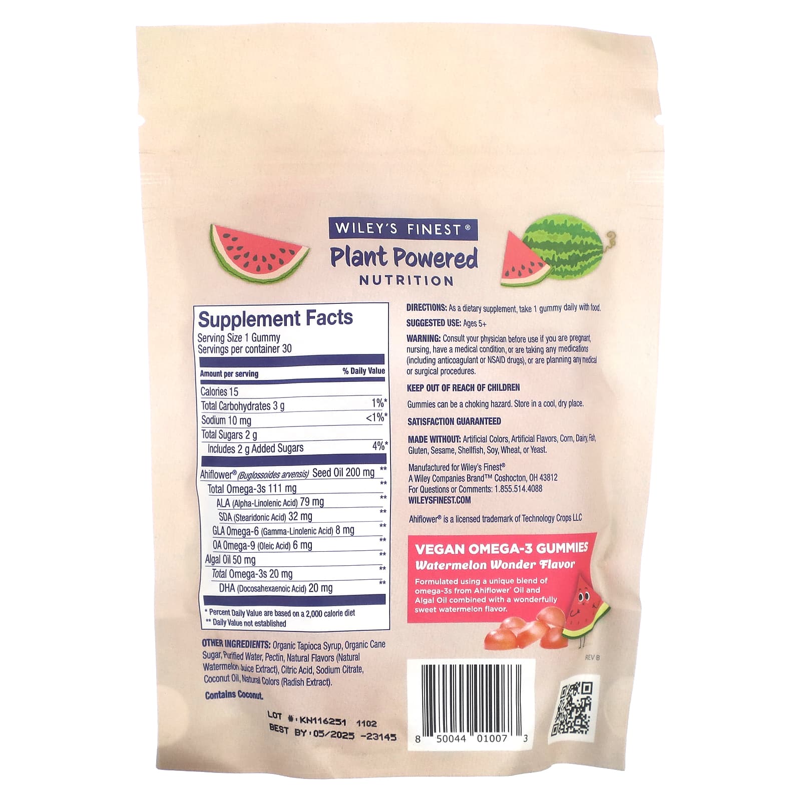 Wiley's Finest, Plant Powered Nutrition, Vegan Omega-3 Gummies, For Kids, Watermelon Wonder, 131 mg, 30 Gummies - Image 2