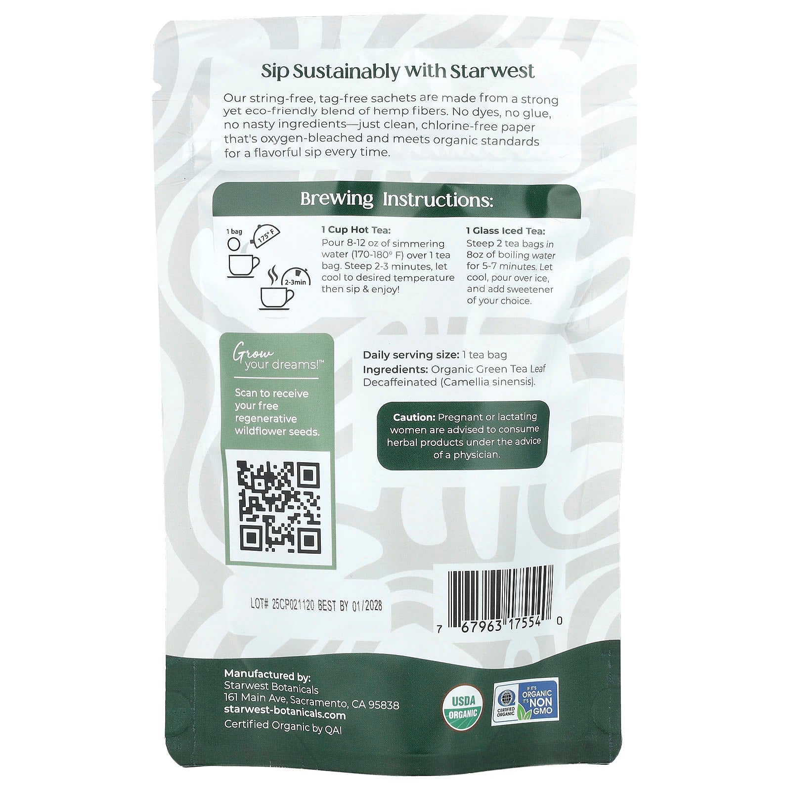 Starwest Botanicals, Organic Green Tea, Decaf , 20 Tea Bags, 1.4 oz (40 g) - Image 2