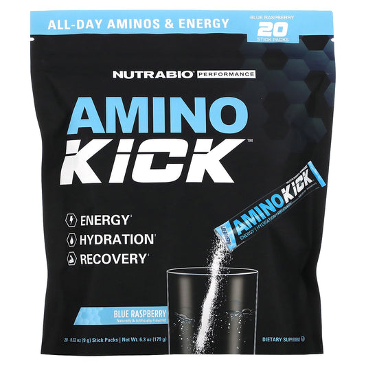 NutraBio, Amino Kick, Blue Raspberry, 20 Stick Packs, 0.32 oz (9 g) Each - Image 1