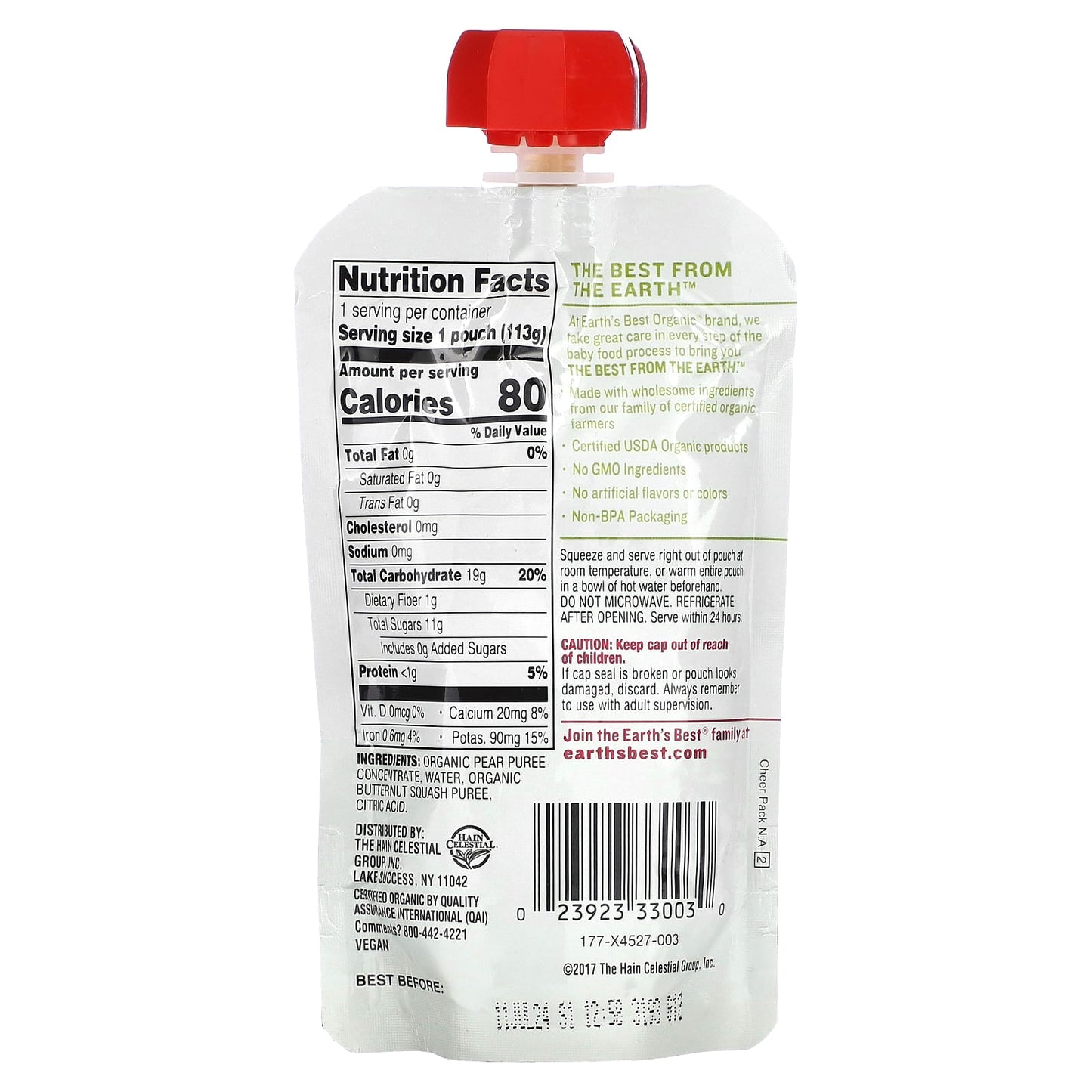 Organic Baby Food, Earth's Best Butternut Squash Pear, 6+ Months, 4 oz - Image 2