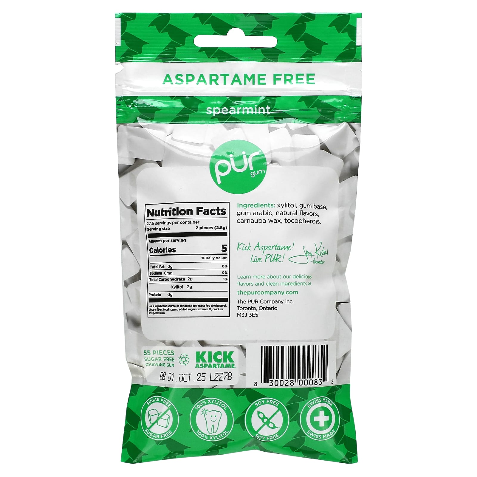 The PUR Company, Chewing Gum, Spearmint, 55 Pieces, 2.72 oz (77 g) - Image 2