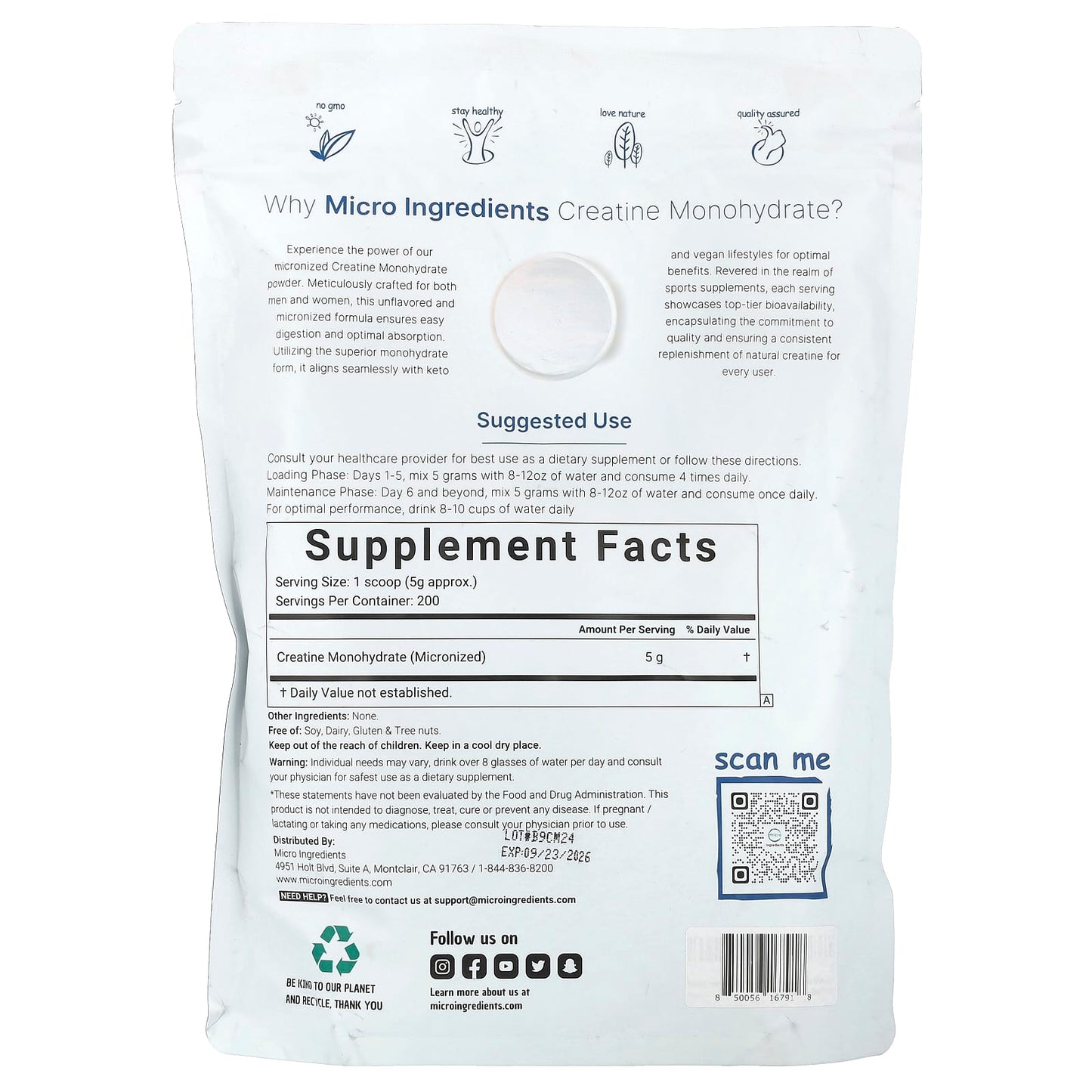 Micro Ingredients, Creatine Monohydrate Powder, Unflavored, 2.2 lb (1 kg) - Image 2