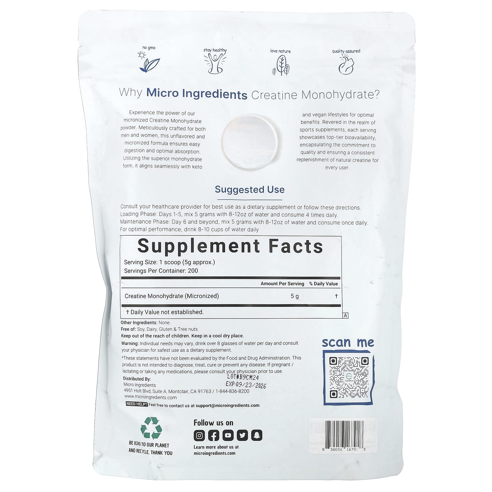Micro Ingredients, Creatine Monohydrate Powder, Unflavored, 2.2 lb (1 kg) - Image 2