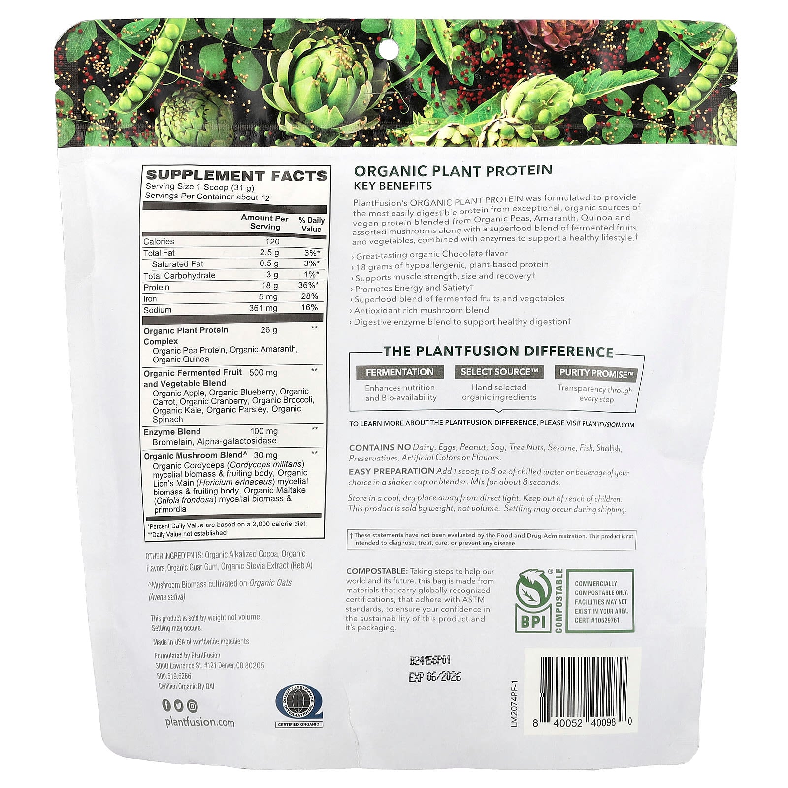 PlantFusion, Organic Plant Protein, Rich Chocolate, 12.9 oz (366 g) - Image 2