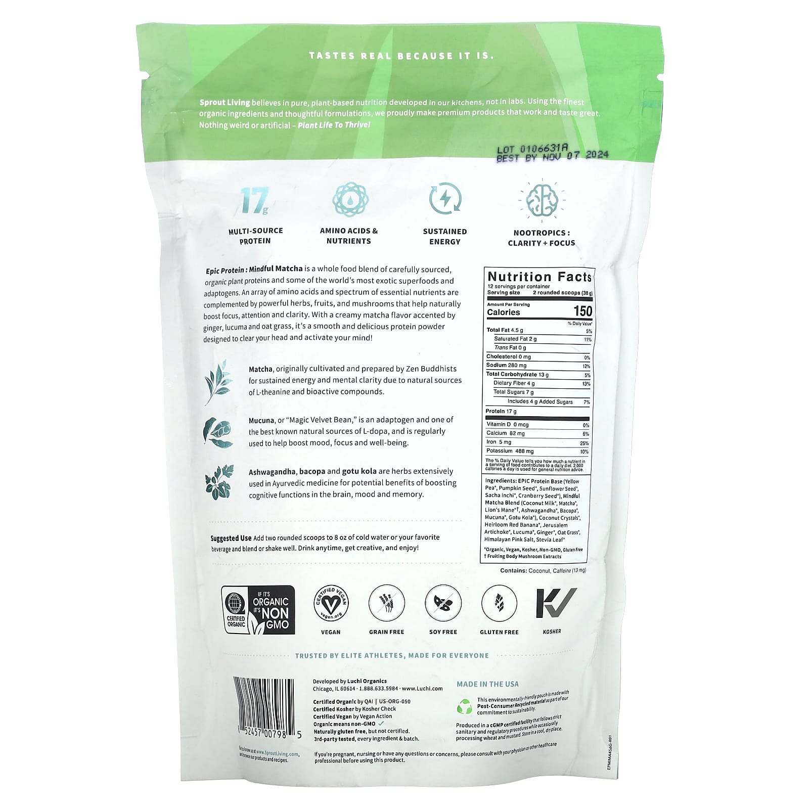 Sprout Living, Epic Protein, Mindful Matcha, 1 lb (456 g) - Image 2