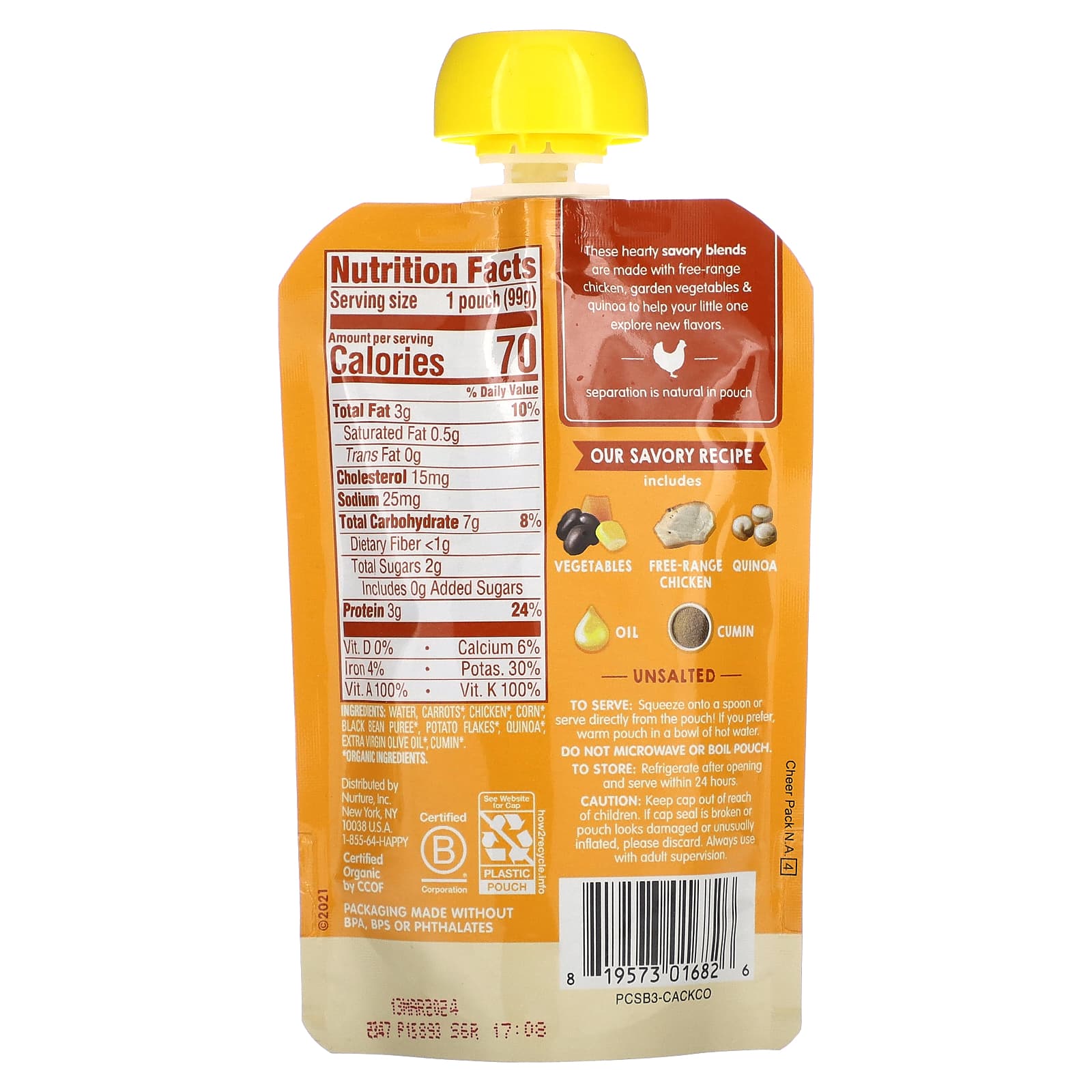 Happy Family Organics, USDA Organic Baby Food, Chicken & Veggie Quinoa Pouches, 3.5 oz (99g) - Image 2
