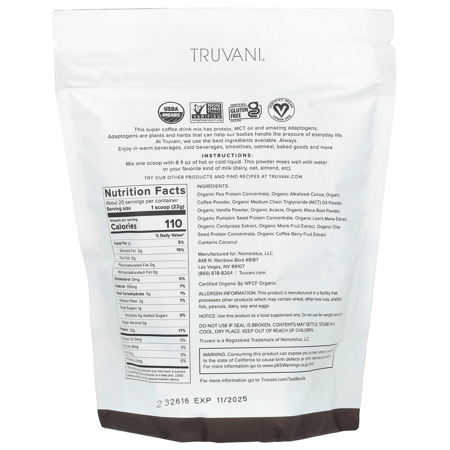Truvani, Protein + Energy, Chocolate Mocha, 17.46 oz (495 g) - Image 2