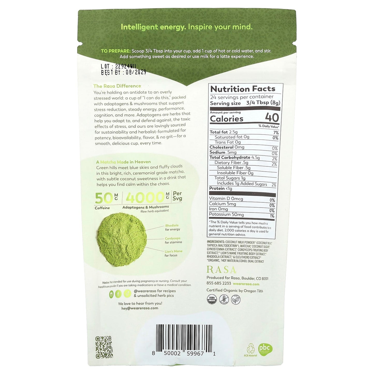 Rasa, Adaptogen & Mushroom Boosted Matcha, Instant, Matcha Cloud, 6.77 oz (192 g) - Image 2