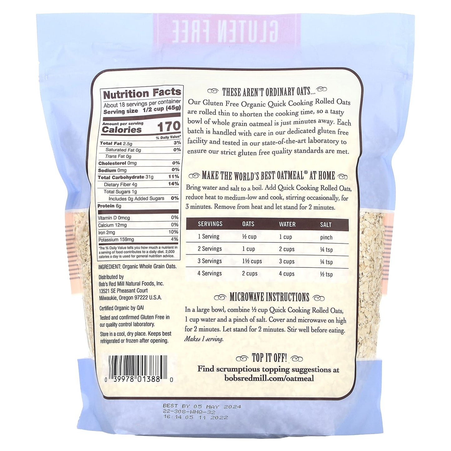 Bob's Red Mill Organic Quick Cooking Rolled Oats, 1 lb 12 oz | Gluten Free - Image 2