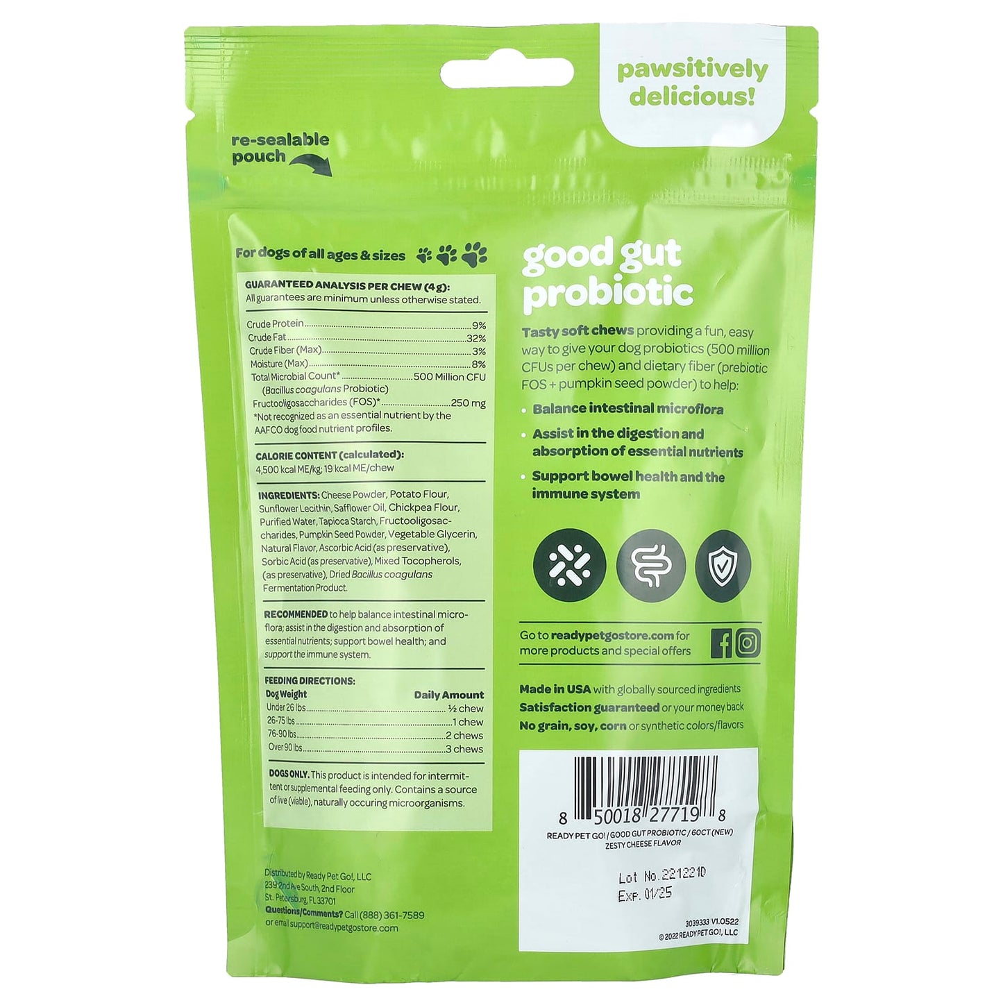 Ready Pet Go, Good Gut Probiotic, For Dogs, All Ages, Zesty Cheese, 60 Soft Chews, 8.5 oz (240 g) - Image 2