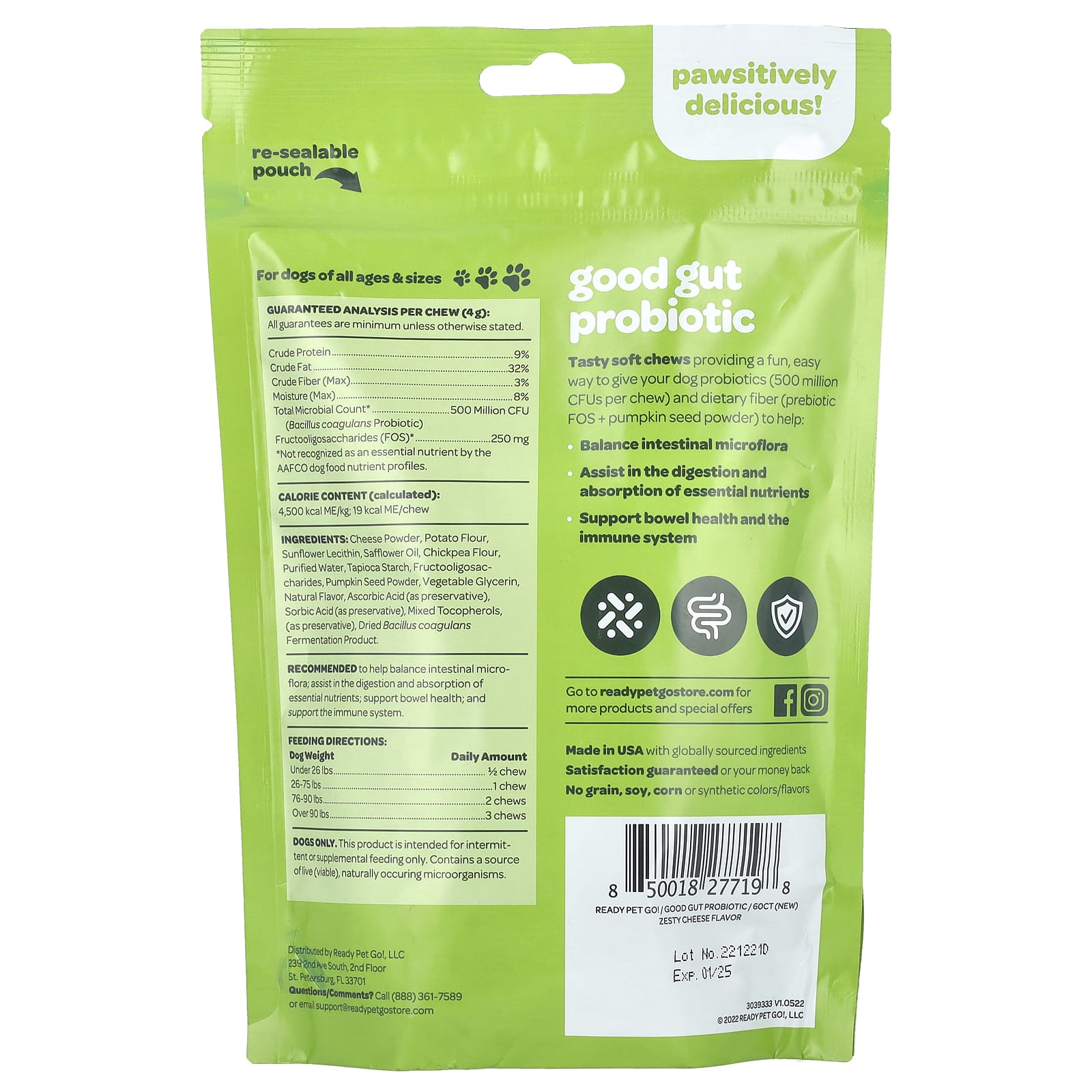 Ready Pet Go, Good Gut Probiotic, For Dogs, All Ages, Zesty Cheese, 60 Soft Chews, 8.5 oz (240 g) - Image 2