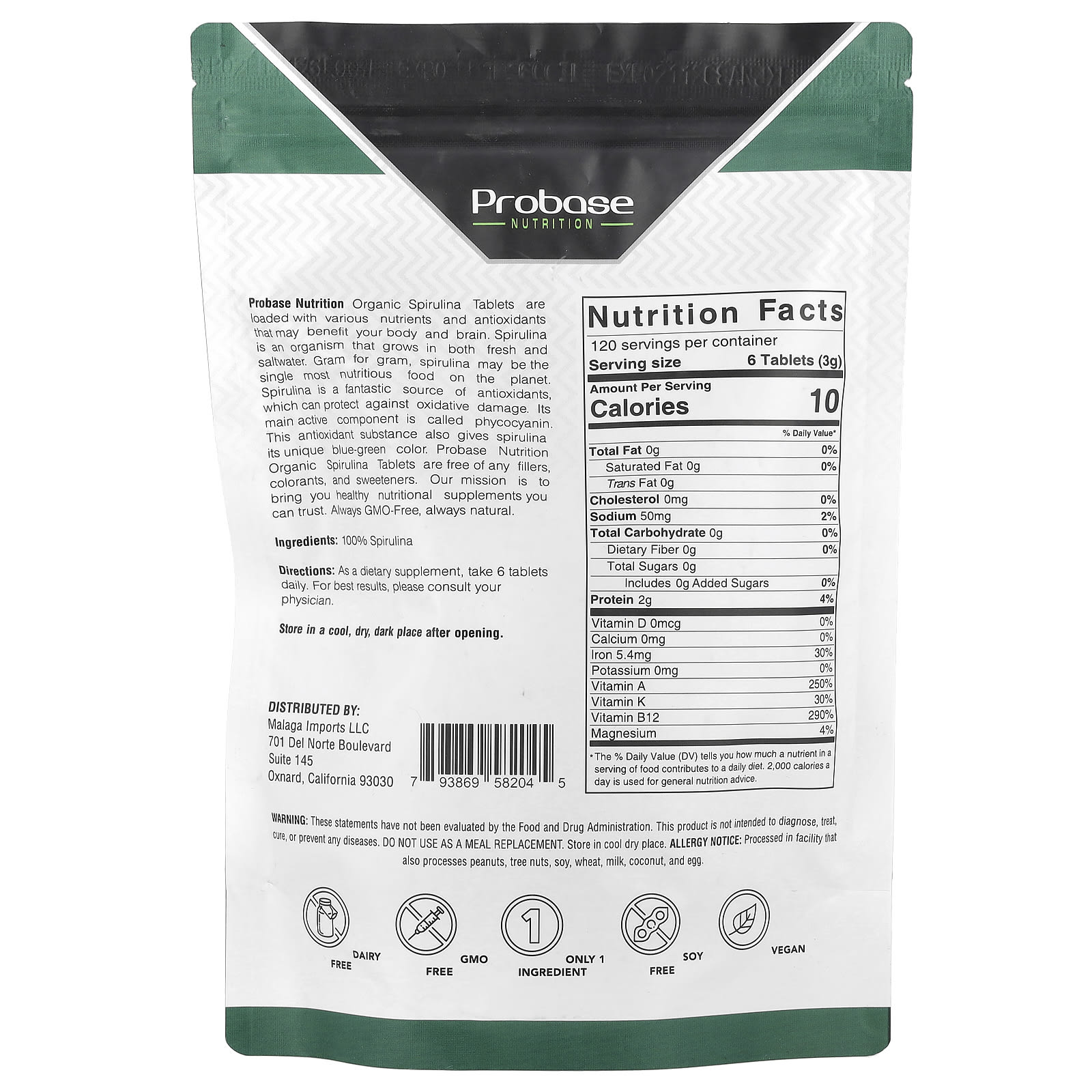 Probase Nutrition, Organic Spirulina Tablets , 12.8 oz - Image 2