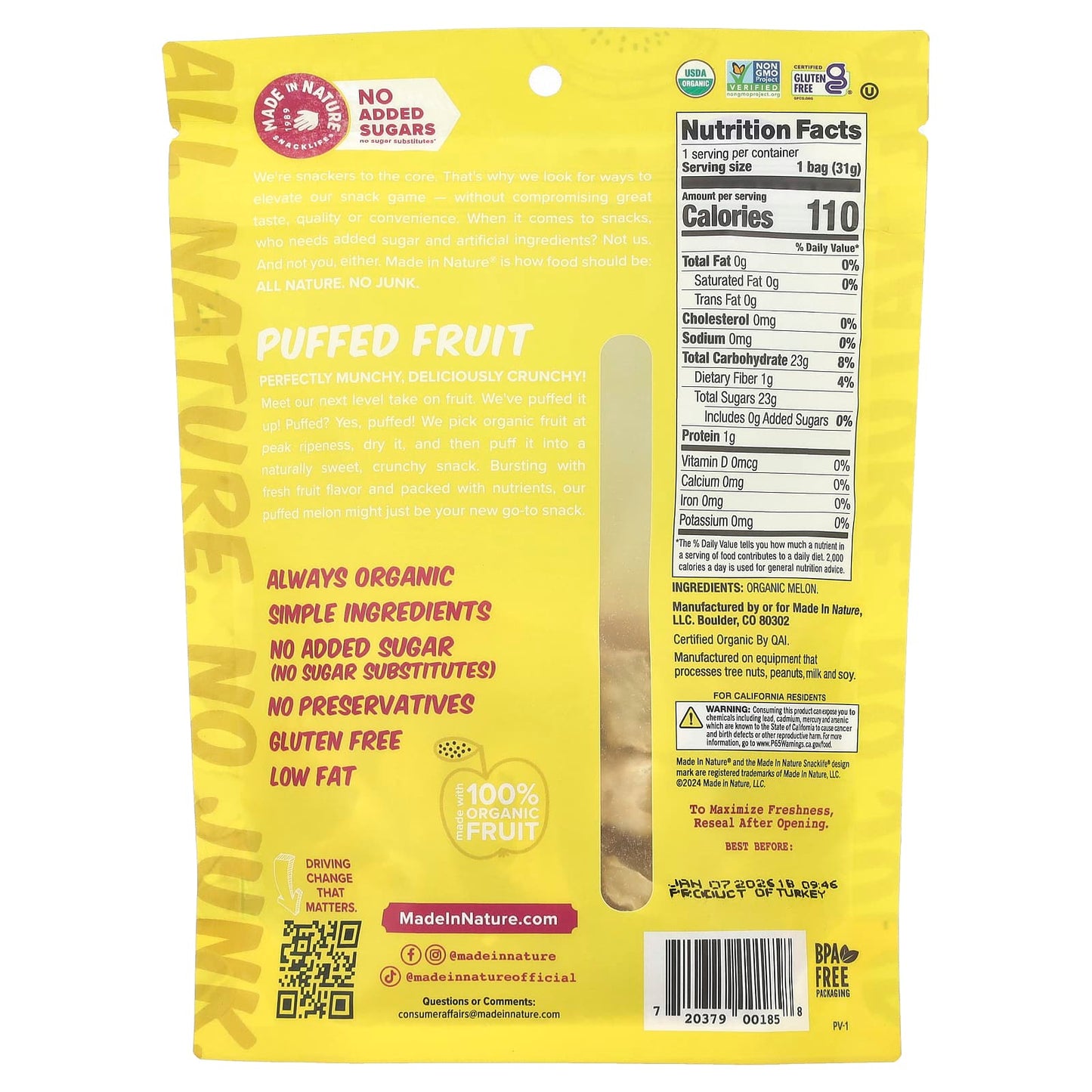 Made in Nature, Puffed Fruit, Melon, 1.1 oz (31.2 g) - Image 2