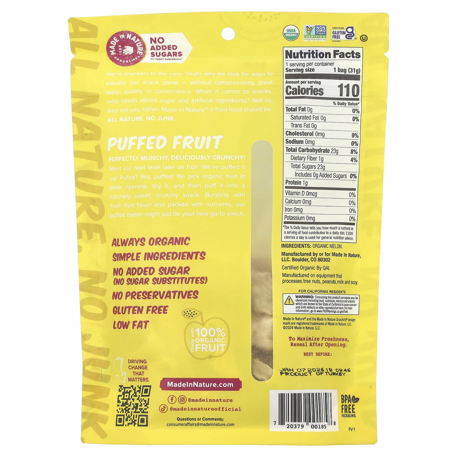 Made in Nature, Puffed Fruit, Melon, 1.1 oz (31.2 g) - Image 2