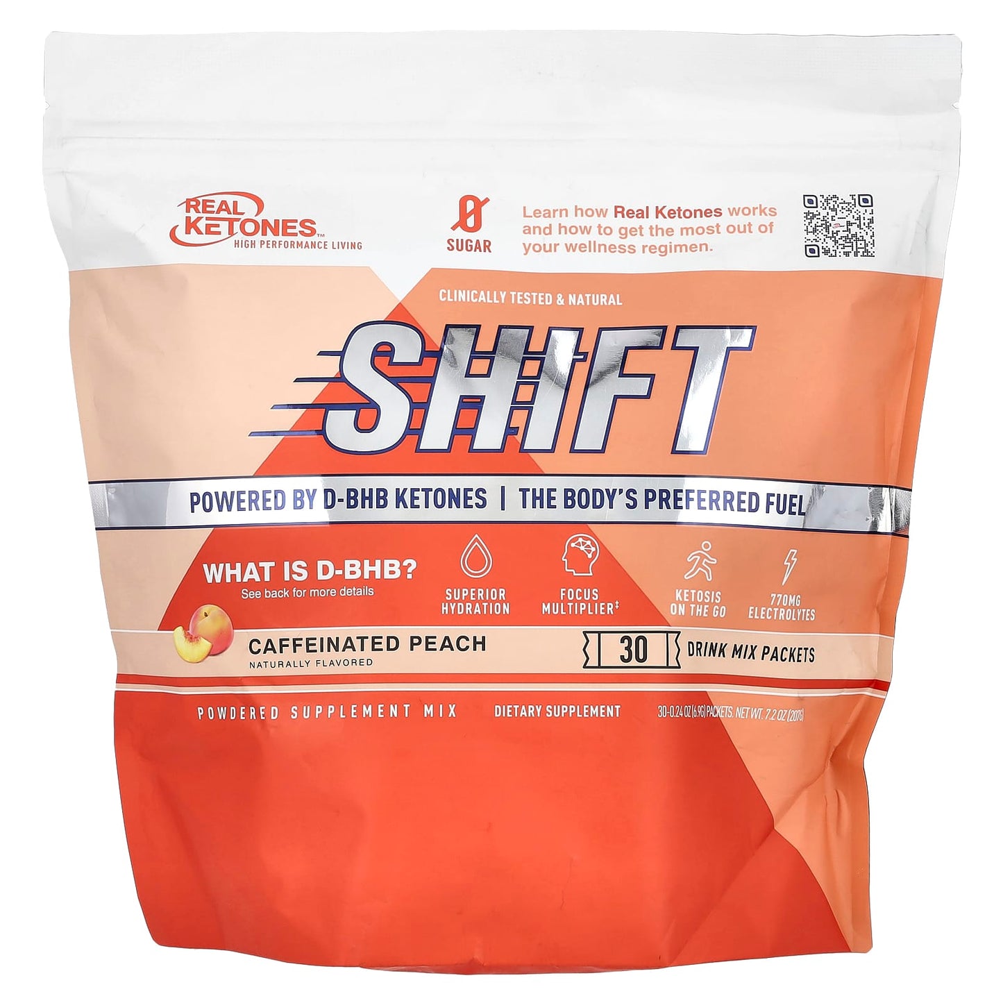 Real Ketones, Shift, Caffeinated Peach, 30 Drink Mix Packets, 0.24 oz (6.9 g) Each - Image 1