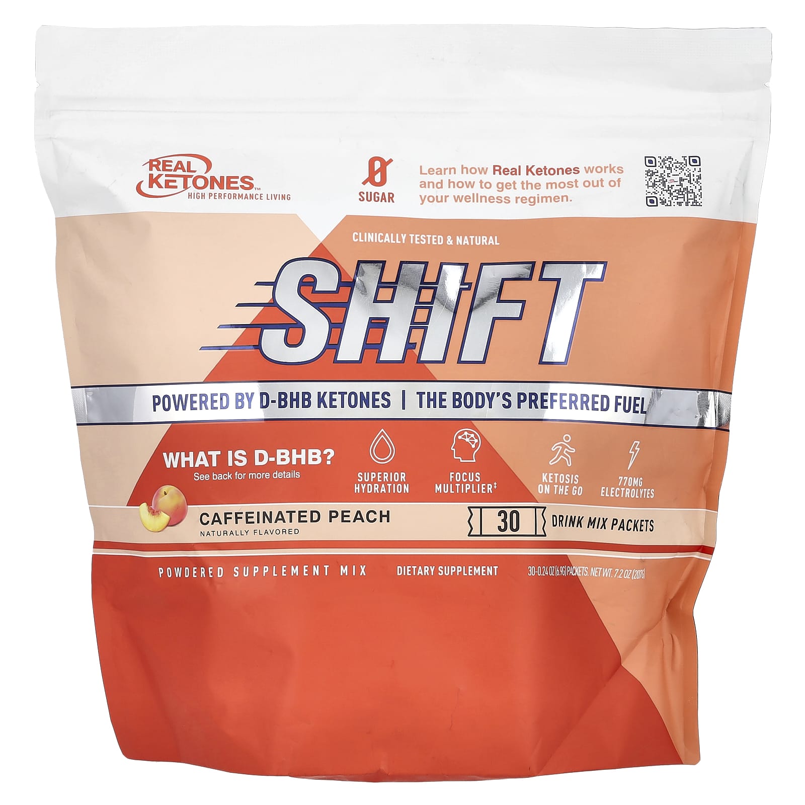 Real Ketones, Shift, Caffeinated Peach, 30 Drink Mix Packets, 0.24 oz (6.9 g) Each - Image 1