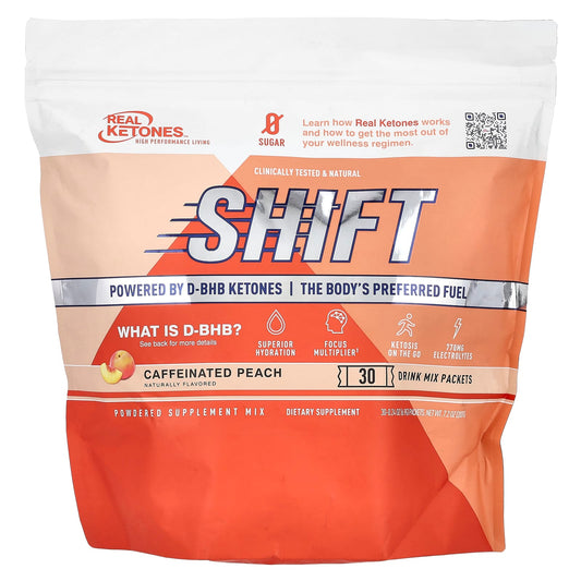 Real Ketones, Shift, Caffeinated Peach, 30 Drink Mix Packets, 0.24 oz (6.9 g) Each - Image 1