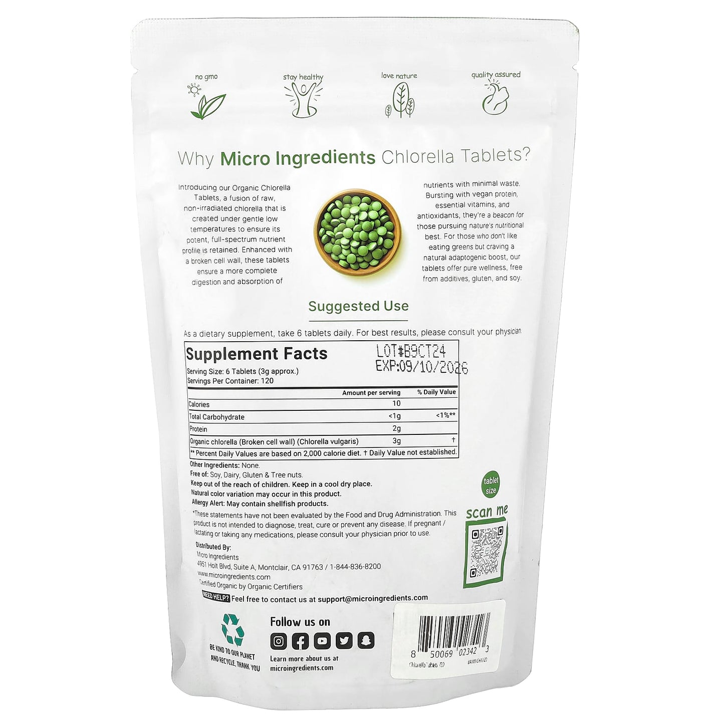 Micro Ingredients, Organic Chlorella Tablet, 720 Tablets (0.5 g per Tablet) - Image 2