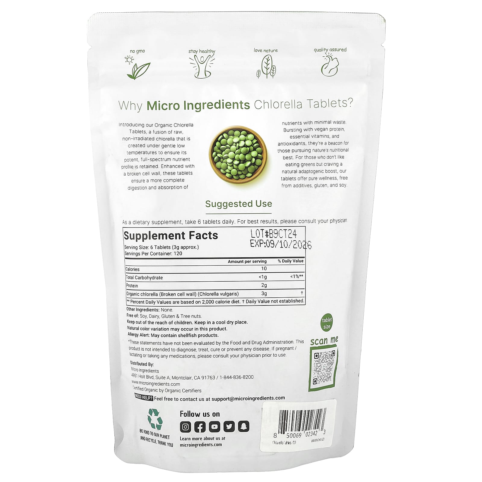 Micro Ingredients, Organic Chlorella Tablet, 720 Tablets (0.5 g per Tablet) - Image 2