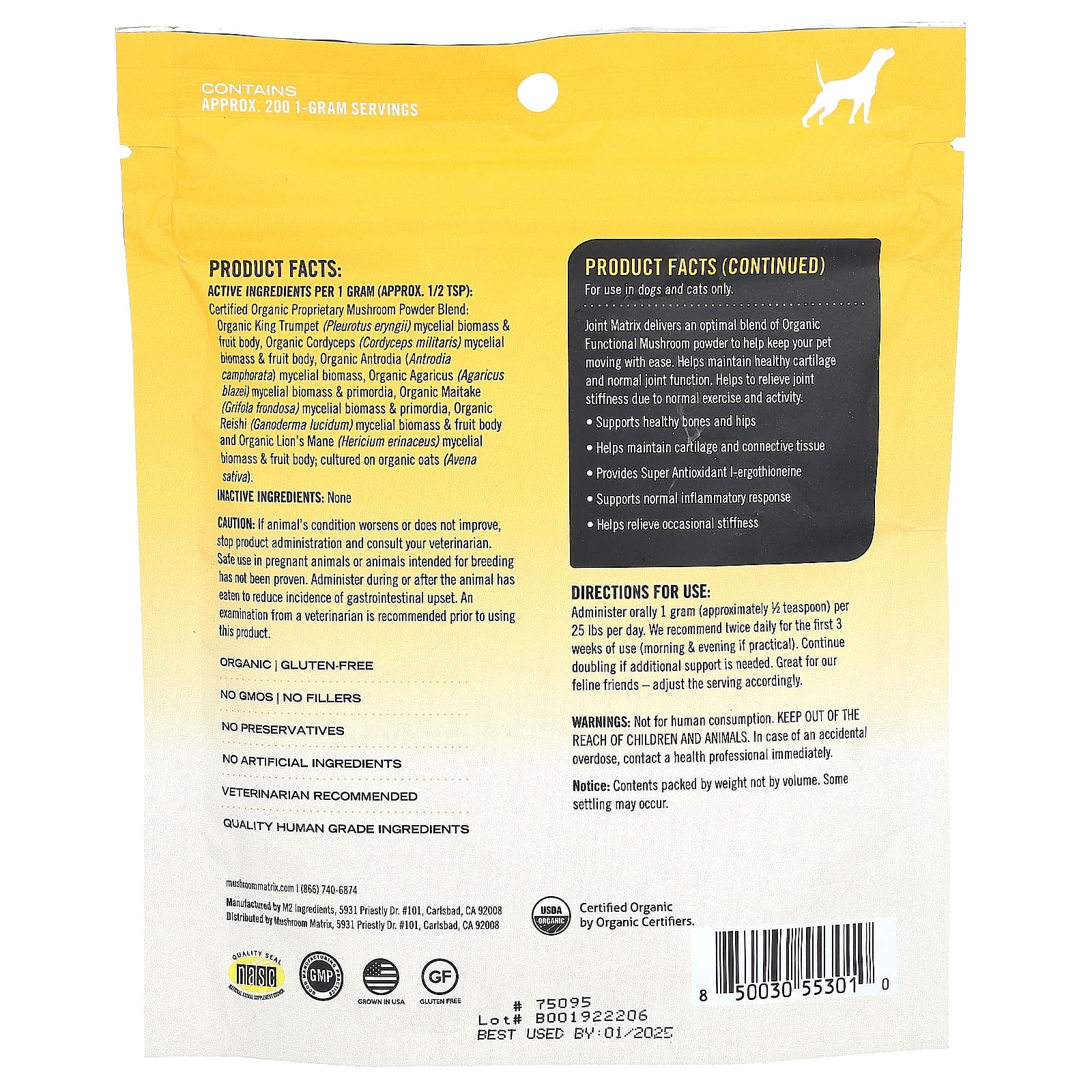 Mushroom Matrix Canine, Joint, Certified Organic Mushroom Powder, For 50 lb Pet, For Dogs and Cats, 7.1 oz (200 g)
