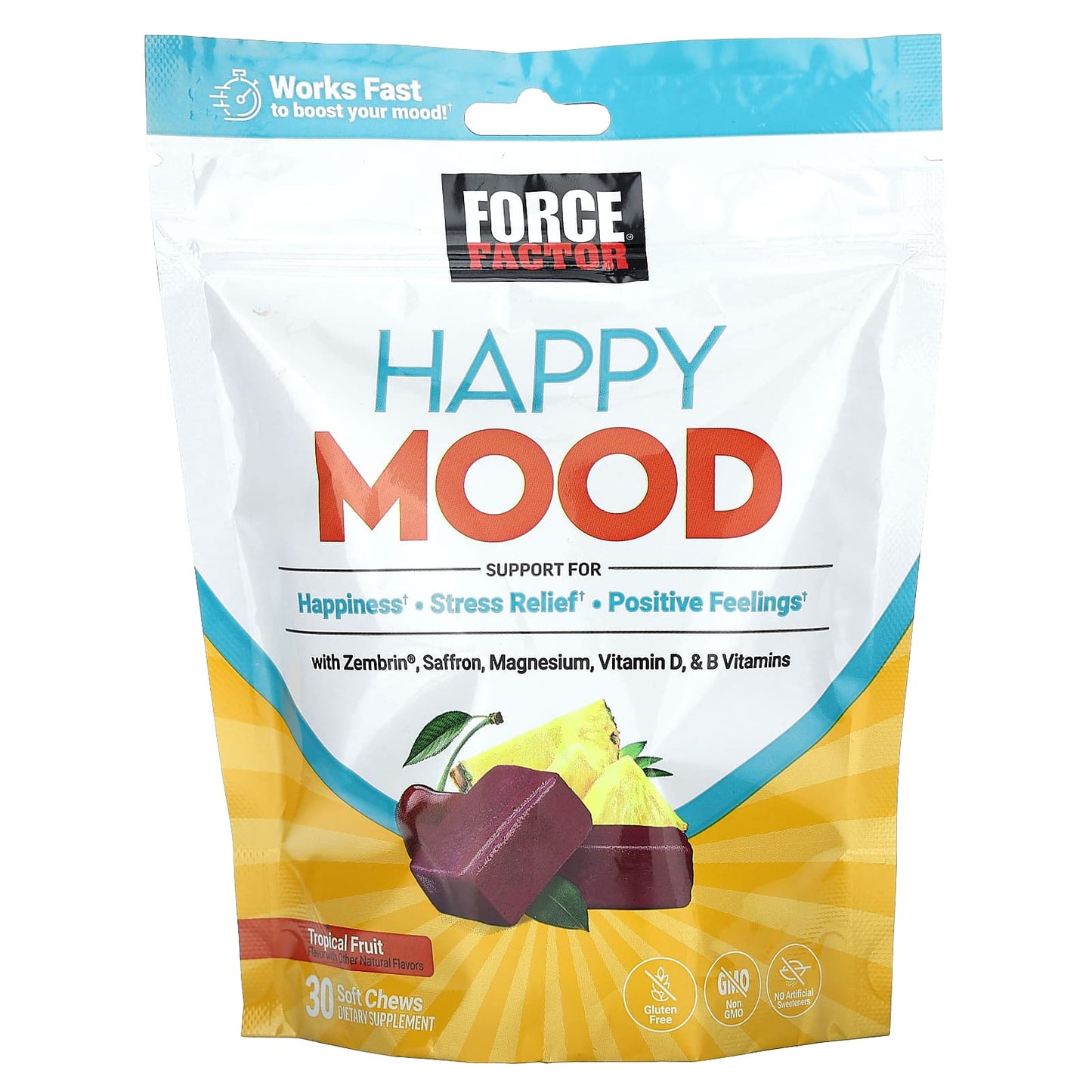 Force Factor Happy Mood Tropical Fruit Soft Chews for Stress Relief - Image 1