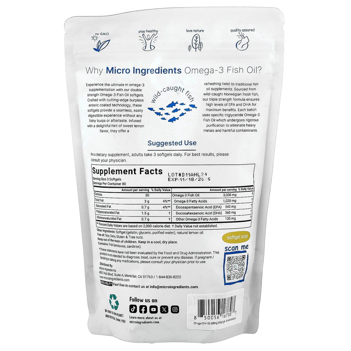 Micro Ingredients, Double Strength, Omega-3 Fish Oil, Lemon, 240 Softgels (1,000 mg per Softgels) - Image 2