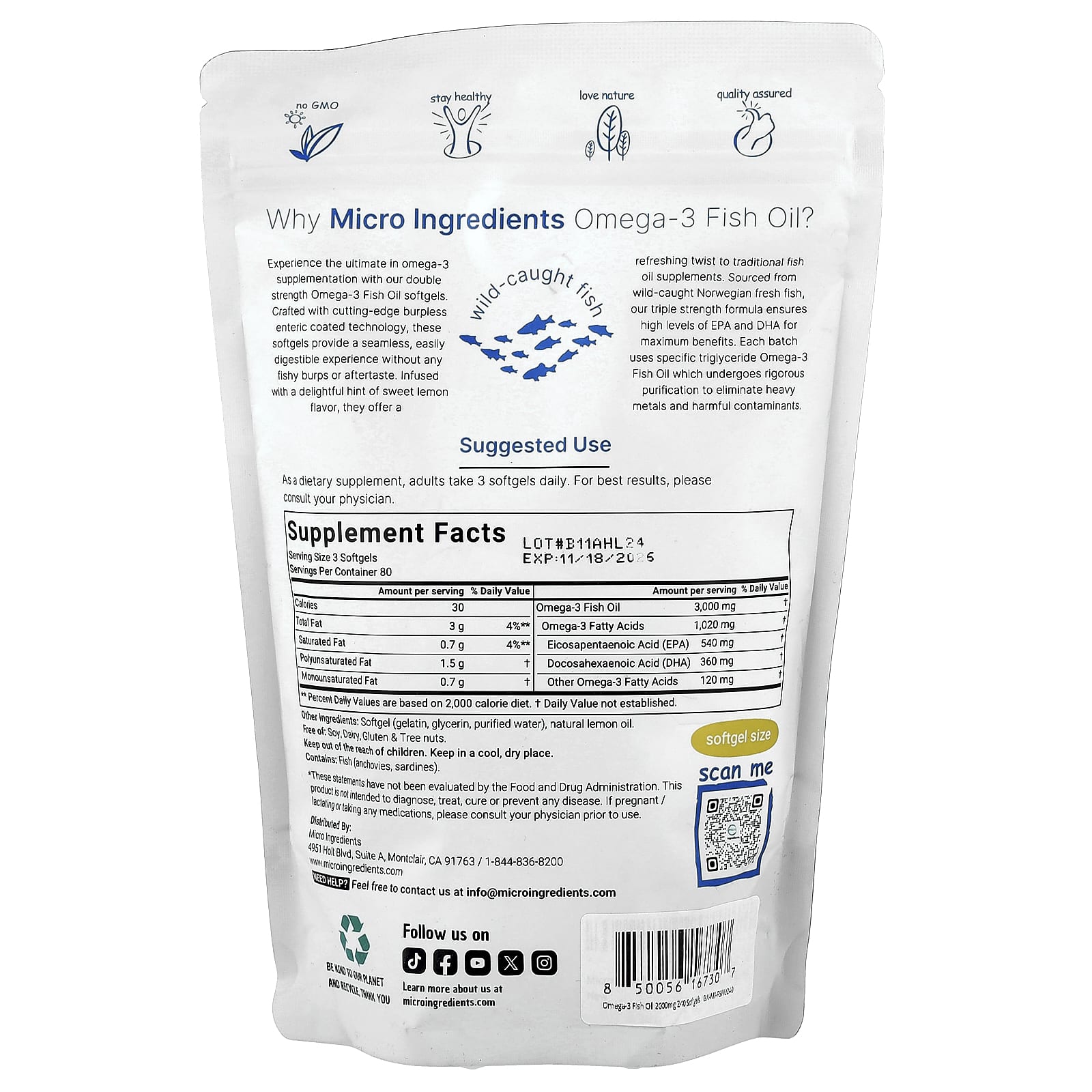 Micro Ingredients, Double Strength, Omega-3 Fish Oil, Lemon, 240 Softgels (1,000 mg per Softgels) - Image 2