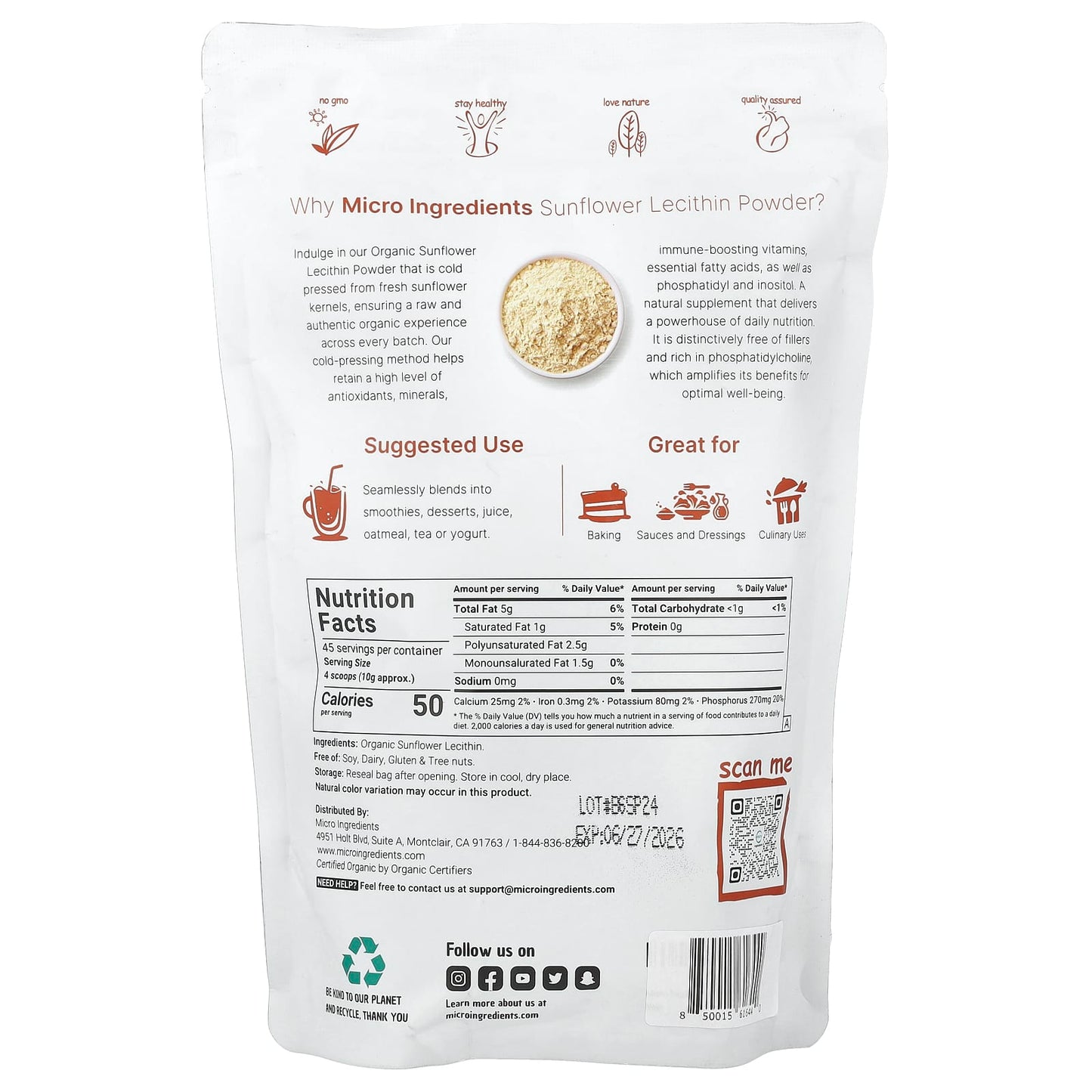 Micro Ingredients, Organic Sunflower Lecithin Powder, 1 lb (454 g) - Image 2