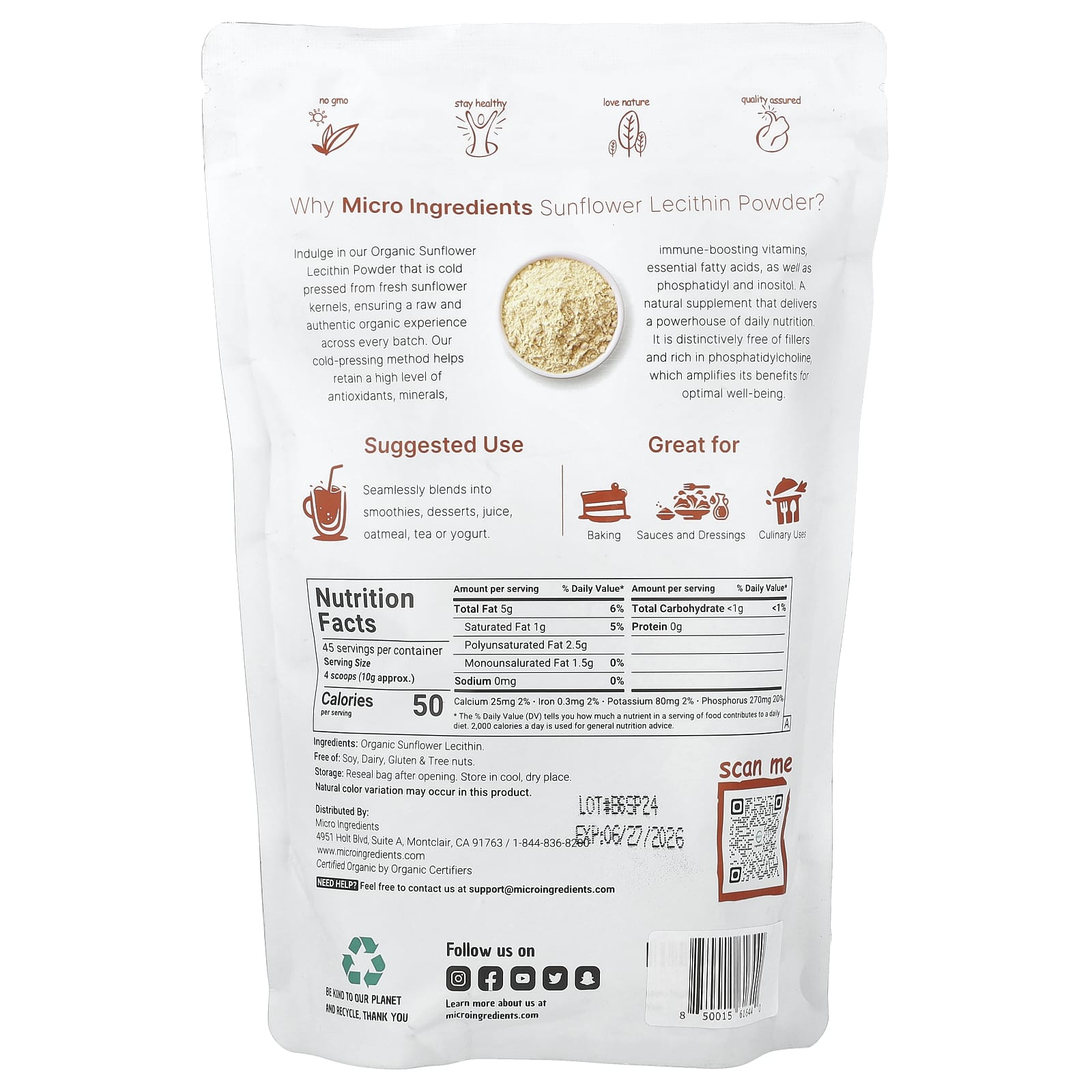 Micro Ingredients, Organic Sunflower Lecithin Powder, 1 lb (454 g) - Image 2