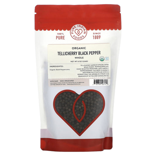 Pure Indian Foods, Organic Whole Tellicherry Black Pepper, 8 oz (226 g) - Image 1