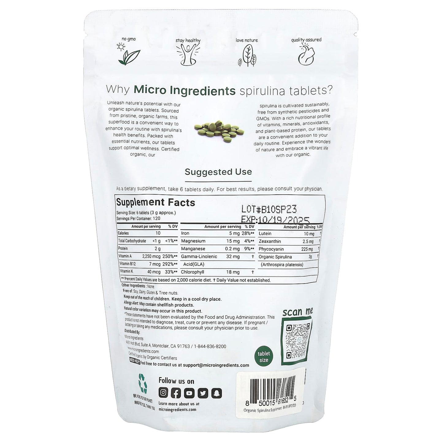 Micro Ingredients, Organic Spirulina Tablet, 720 Tablets - Image 2