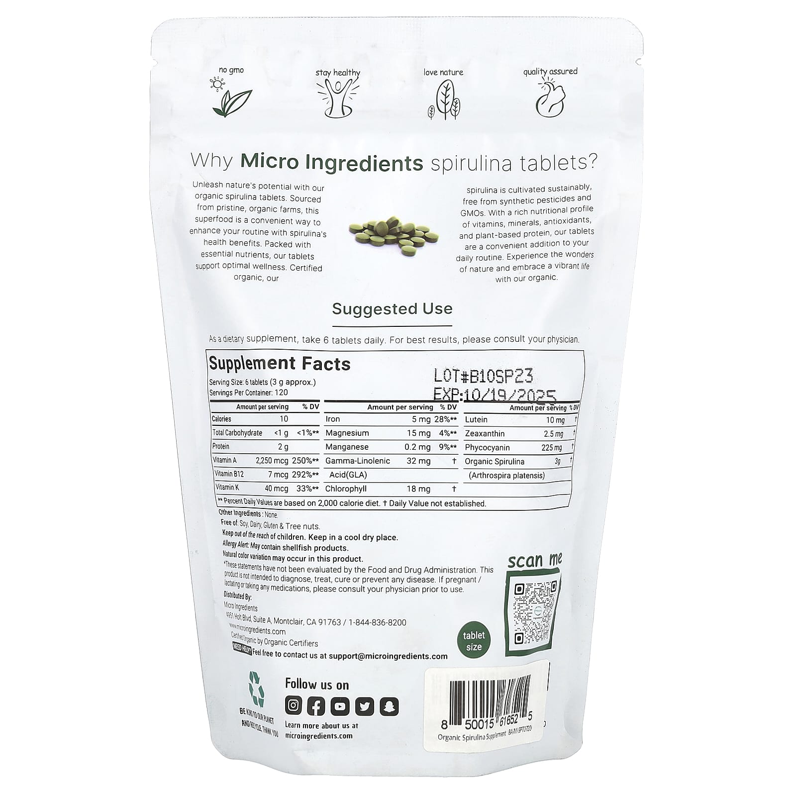 Micro Ingredients, Organic Spirulina Tablet, 720 Tablets - Image 2