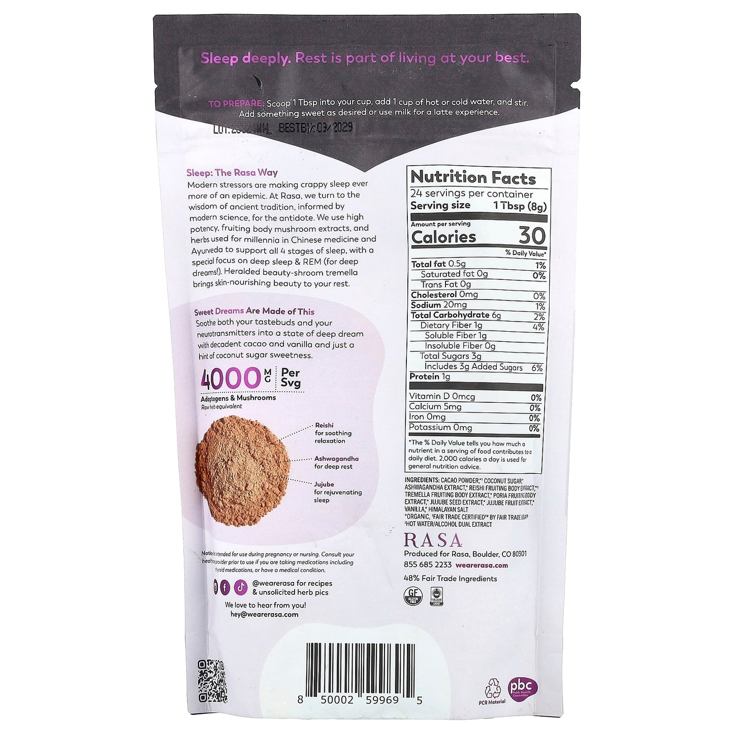 Rasa, Adaptogen & Mushroom Sleep Blend, Instant, Deep Dream Cacao, 6.77 oz (192 g) - Image 2