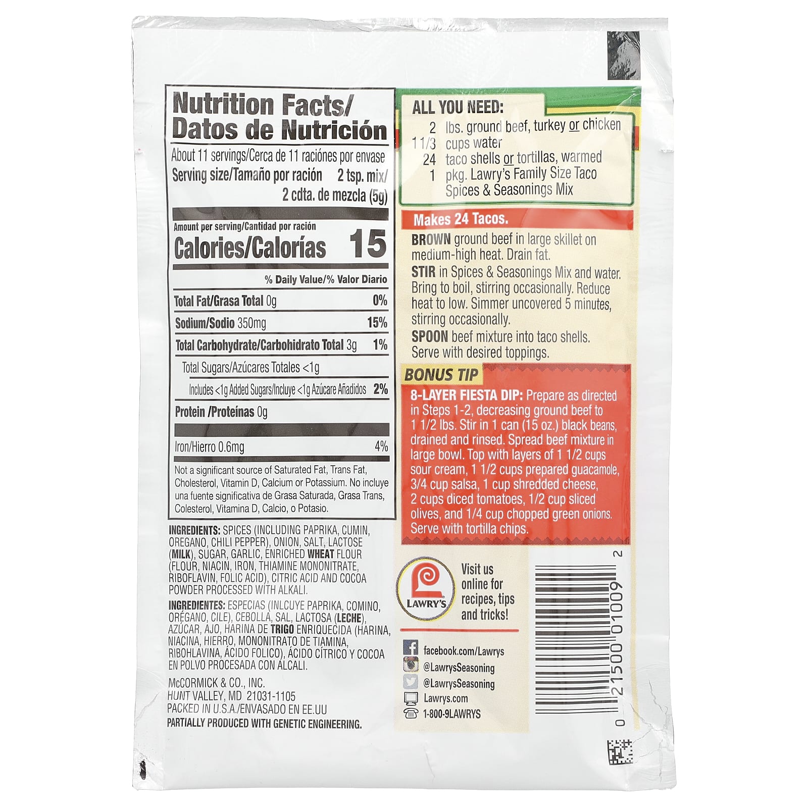 Lawry's, Taco Spices & Seasoning Mix, Family Size, 2 oz (56.7 g) - Image 2