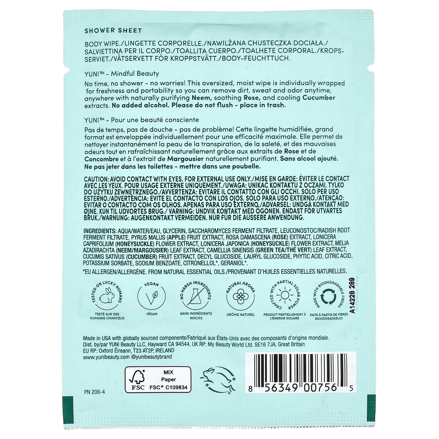 Yuni Beauty, Shower Sheet, Rose & Cucumber, 1 Wipe - Image 2