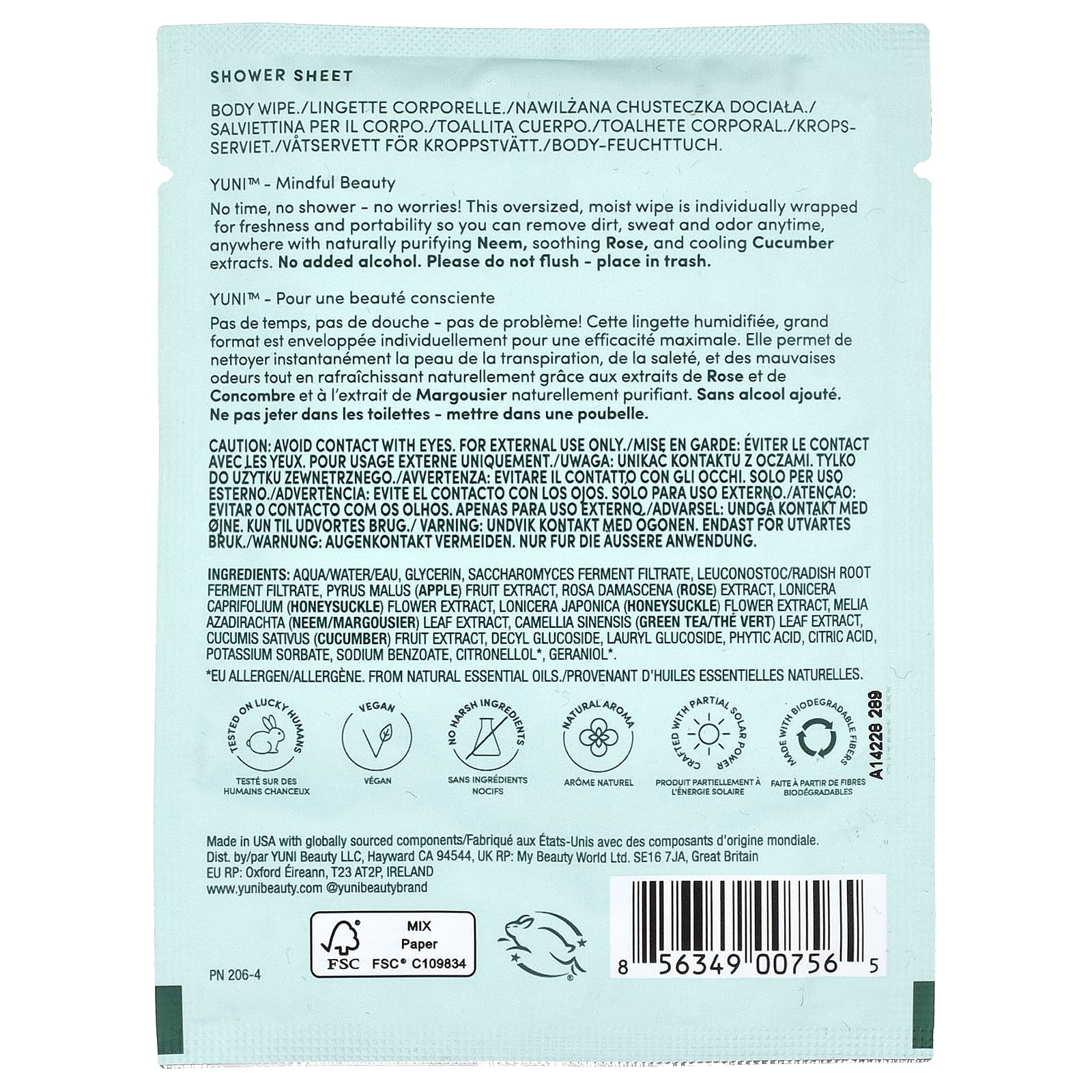 Yuni Beauty, Shower Sheet, Rose & Cucumber, 1 Wipe - Image 2