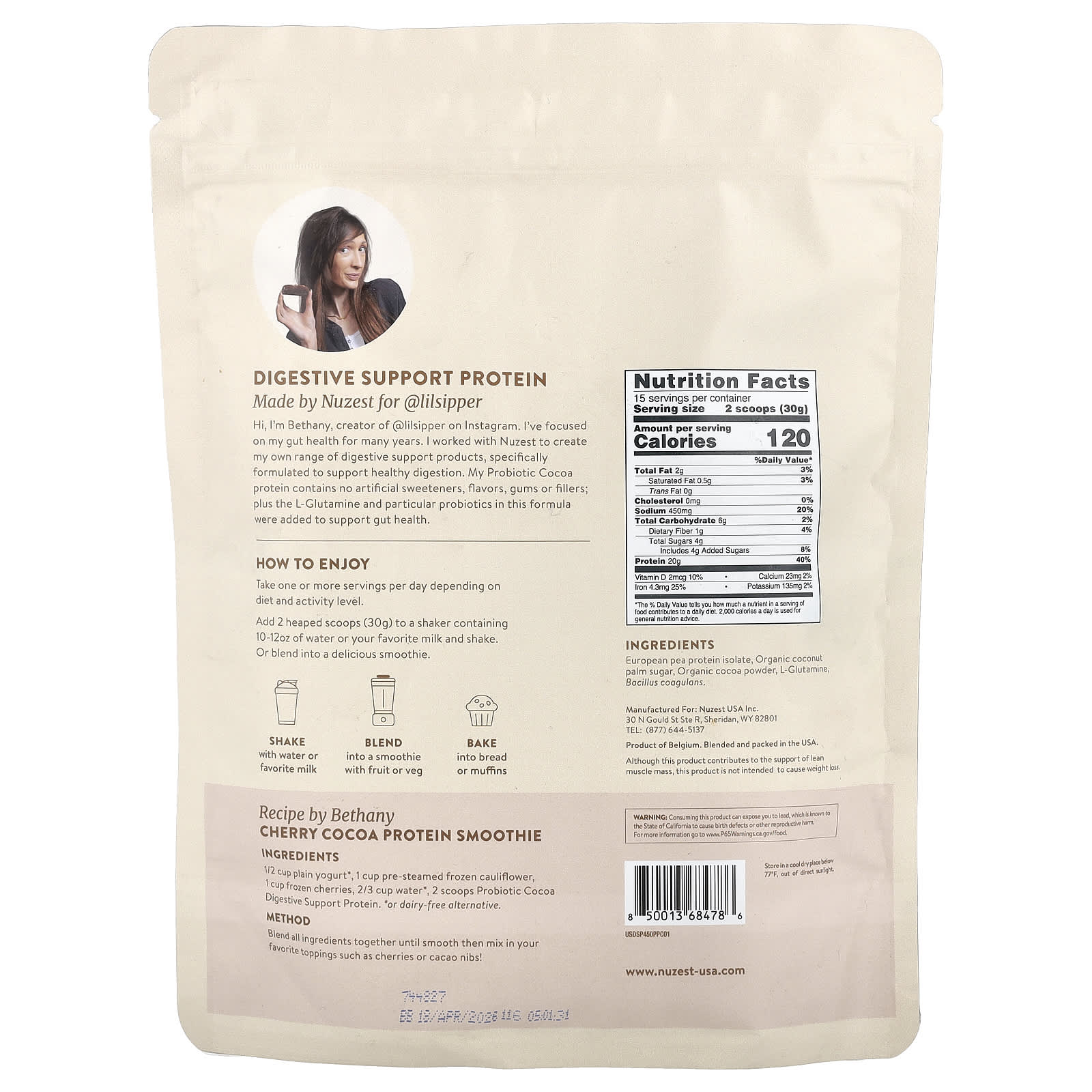 Nuzest, Bethany's Pantry, Digestive Support Protein™, Probiotic Cocoa, 15.87 oz (450 g) - Image 2