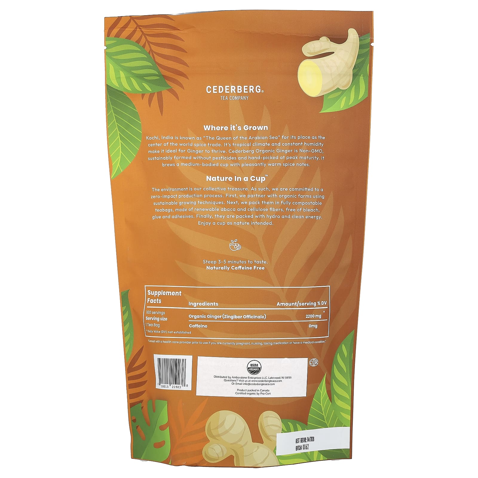 Cederberg Tea Co Organic Ginger, Caffeine Free, 220g, 100 Tea Bags - Image 2