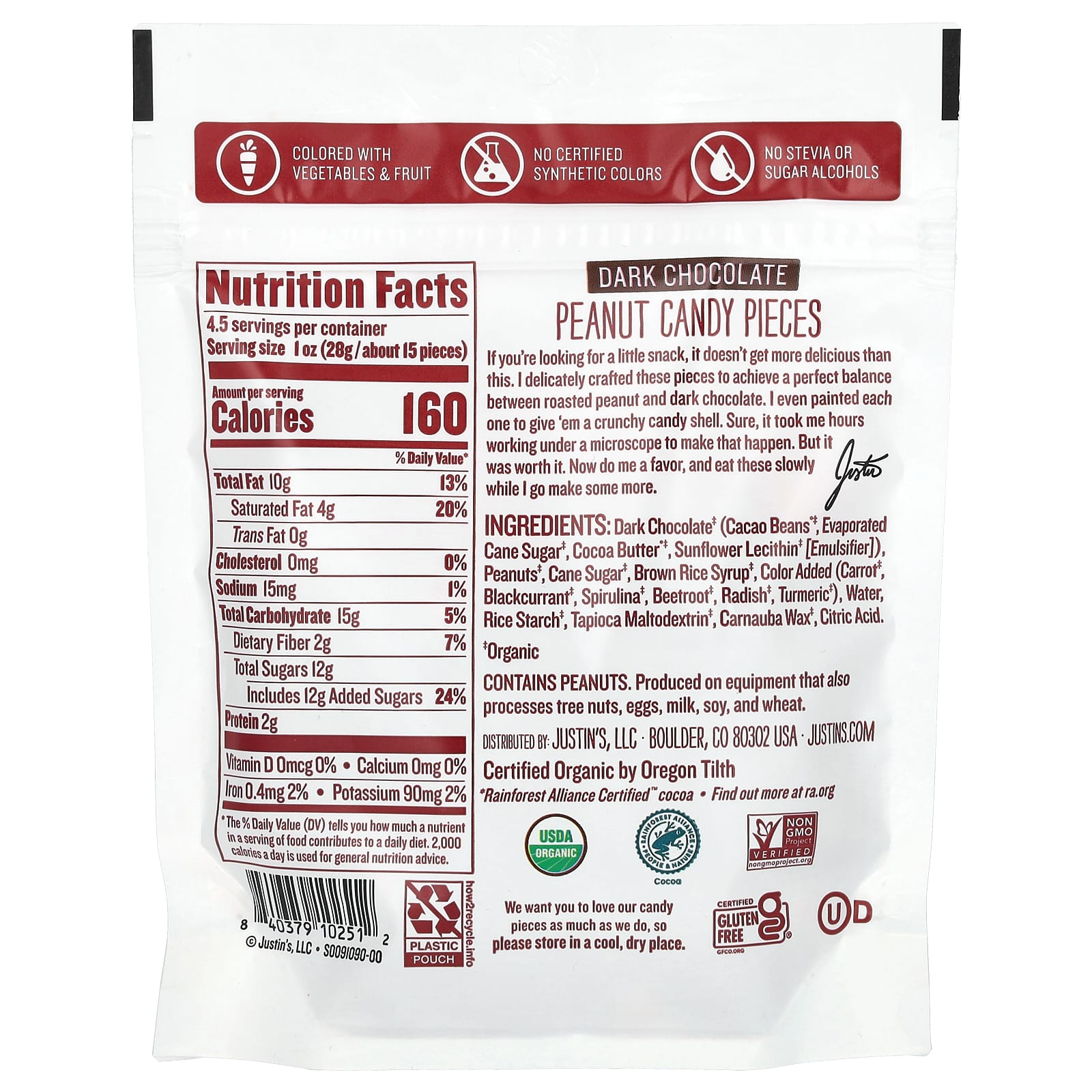 Dark Chocolate Peanut Candy Pieces by Justin's, Organic & Gluten-Free - Image 2