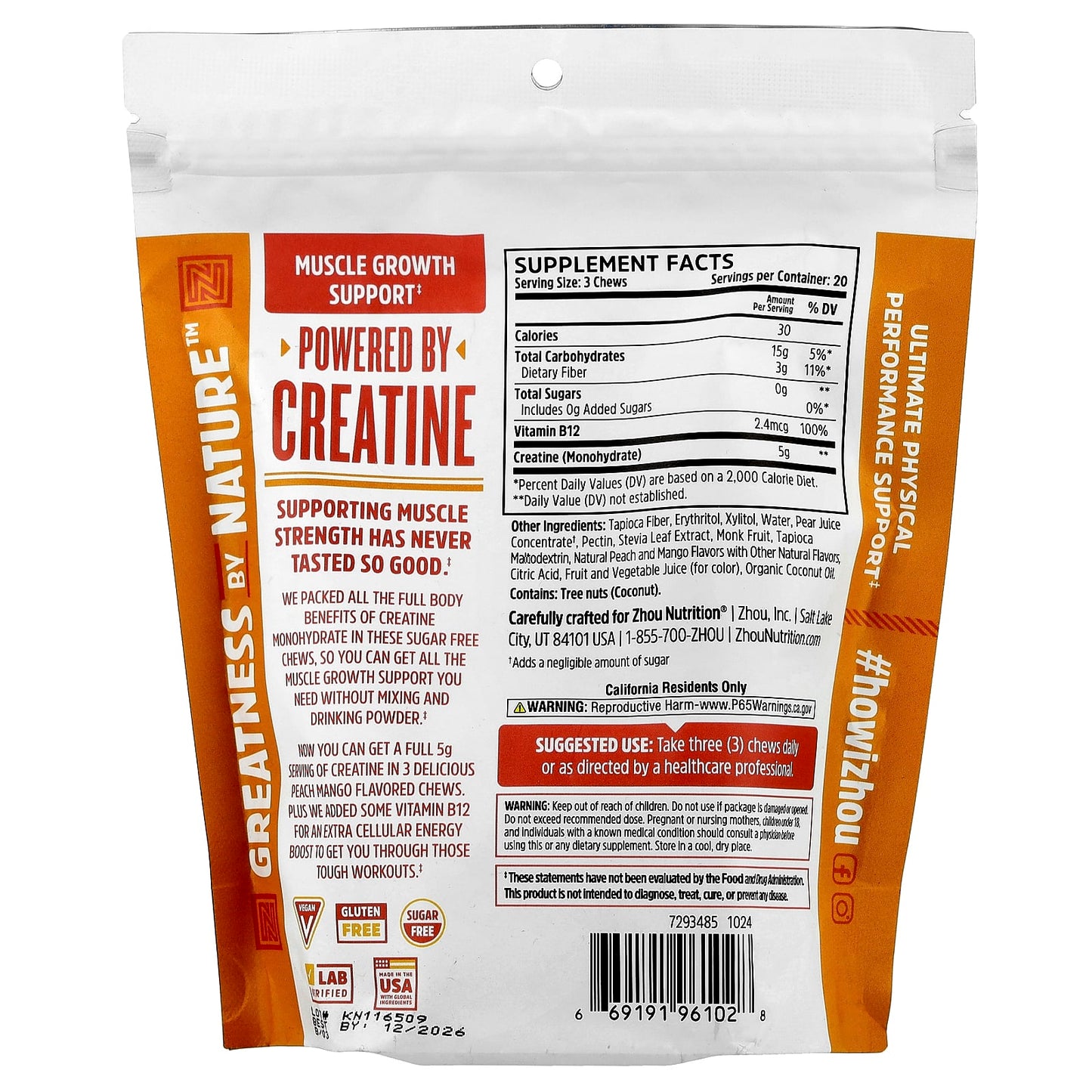 Zhou Nutrition, Creatine Chews, Peach Mango, 60 Chews - Image 2