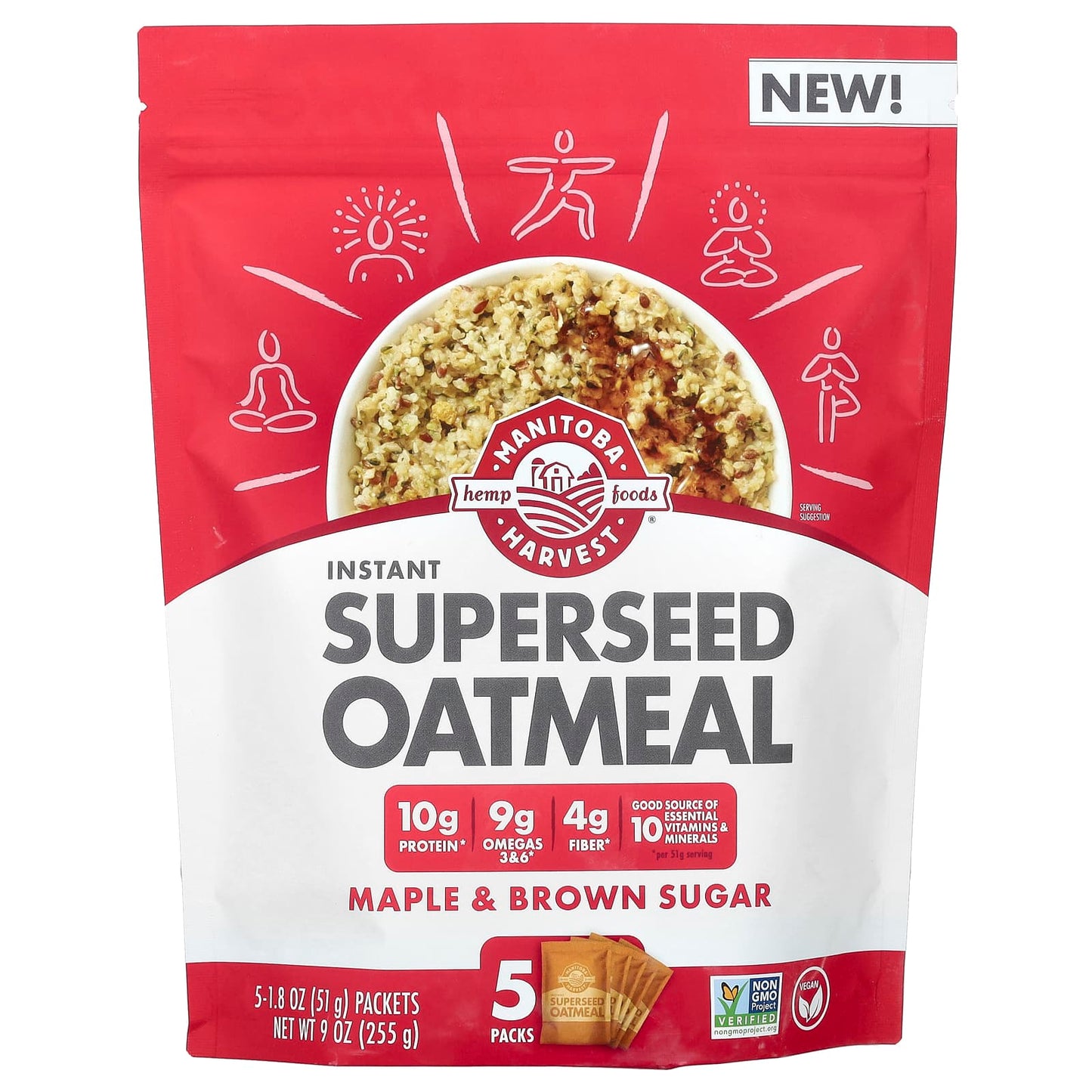 Manitoba Harvest, Instant Superseed Oatmeal, Maple & Brown Sugar, 5 Packets, 1.8 oz (51 g) Each - Image 1